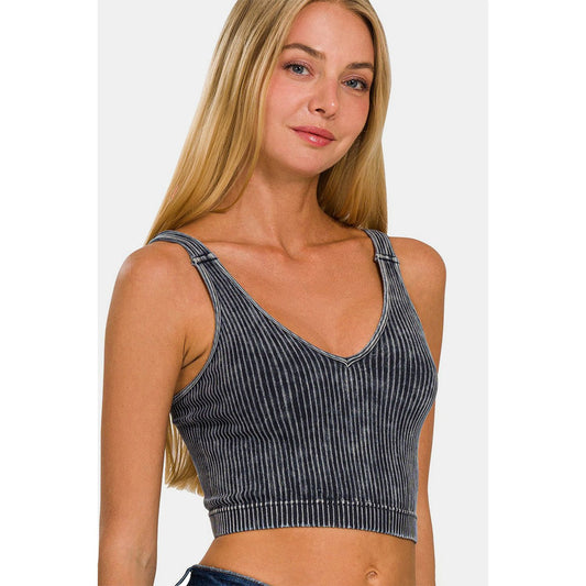 Zenana Washed Ribbed Cropped V-Neck Tank