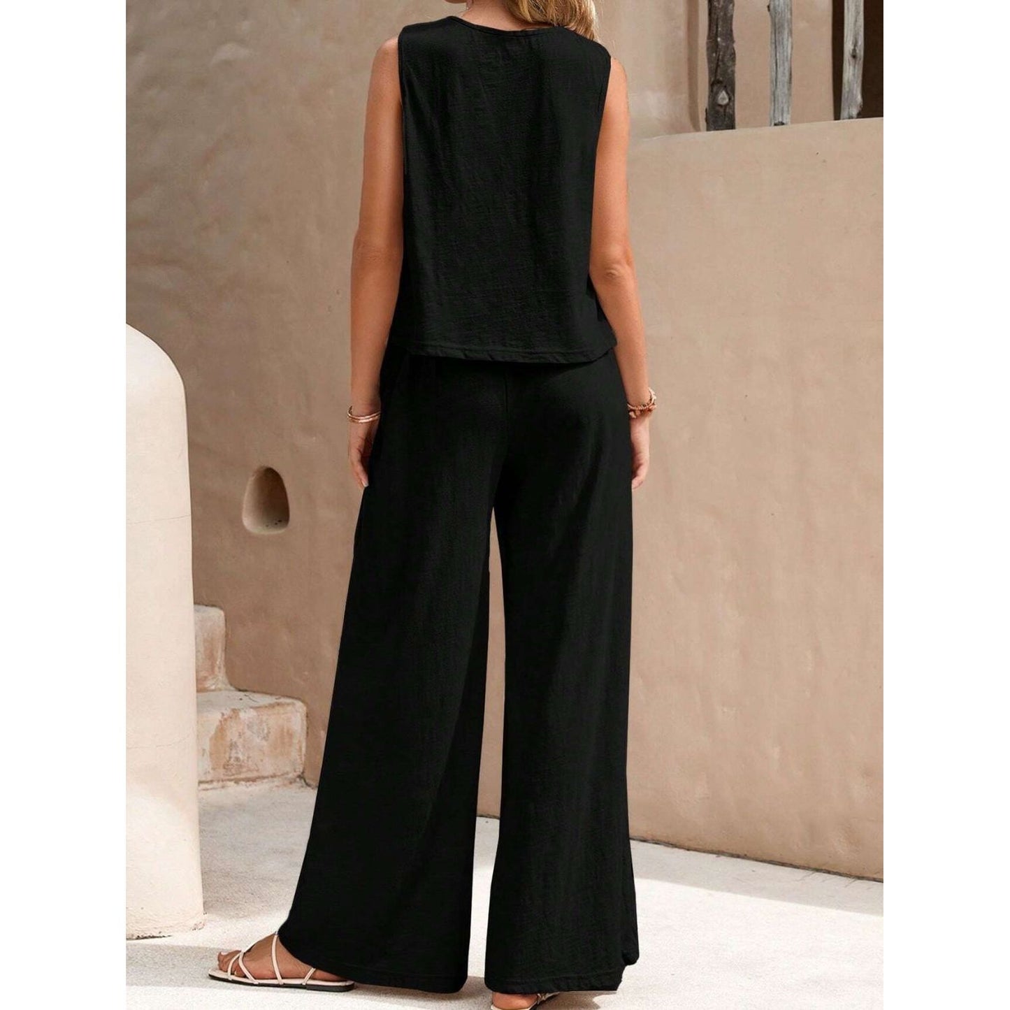 Round Neck Sleeveless Top and Wide Leg Pants Set