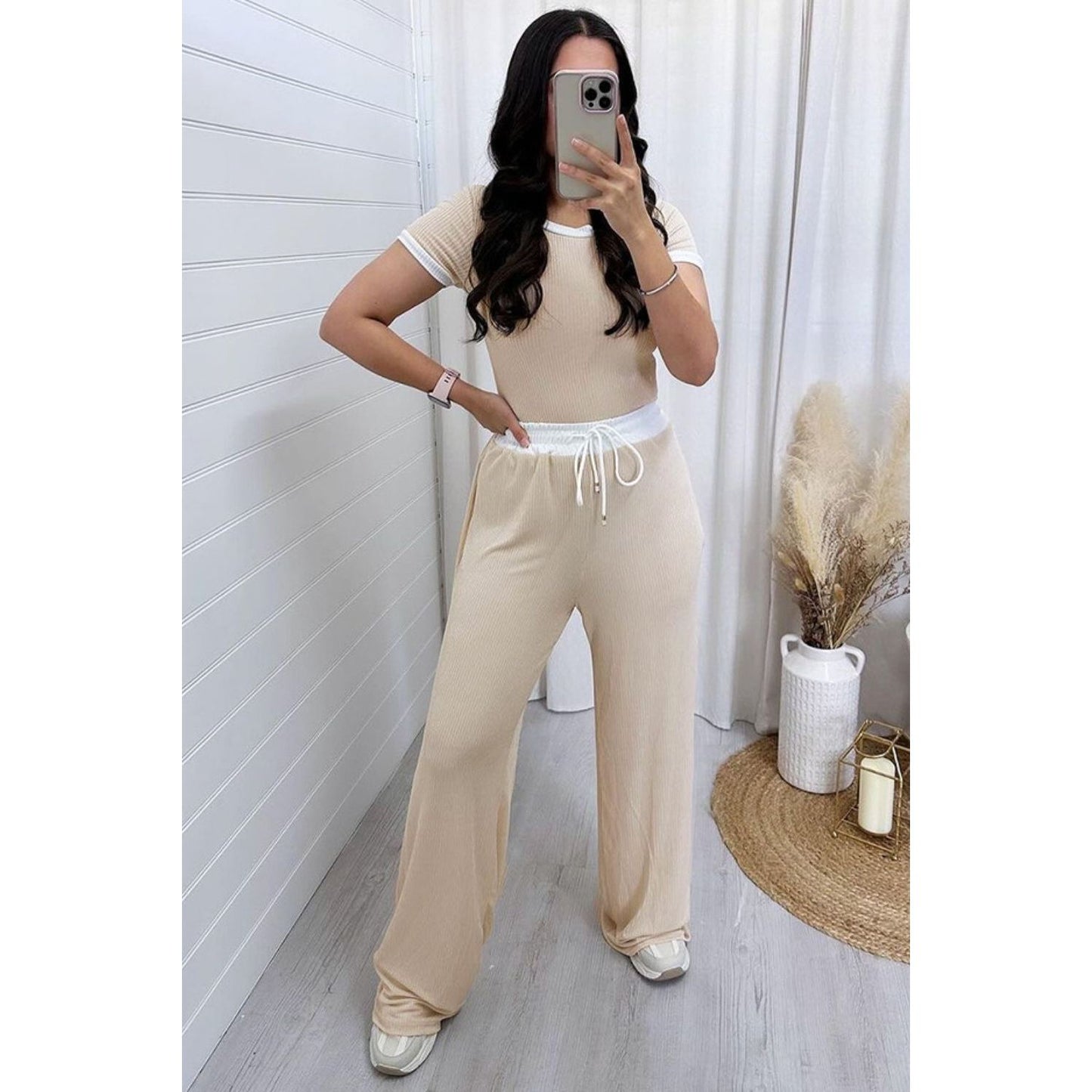 Contrast Trim Round Neck Top and Pants Set