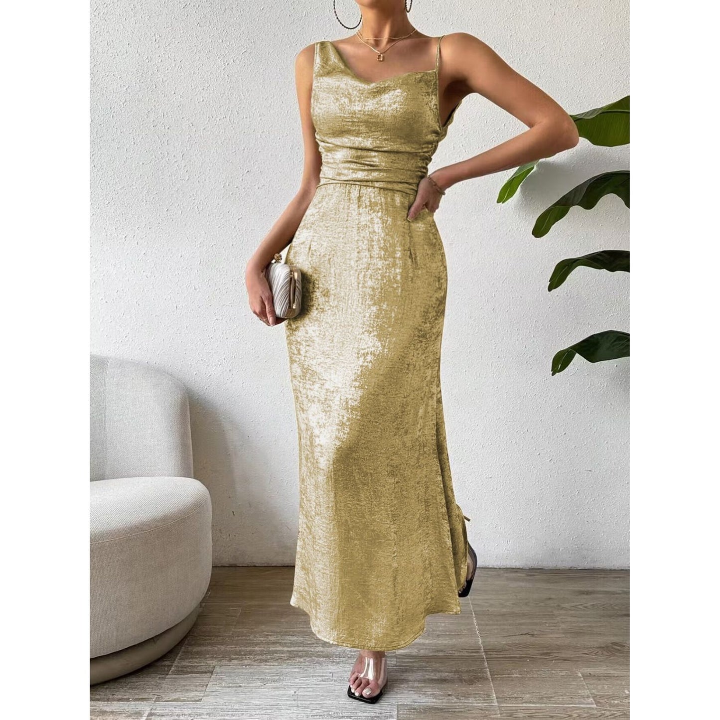 Honey Asymmetric Neck Sleeveless Midi Dress