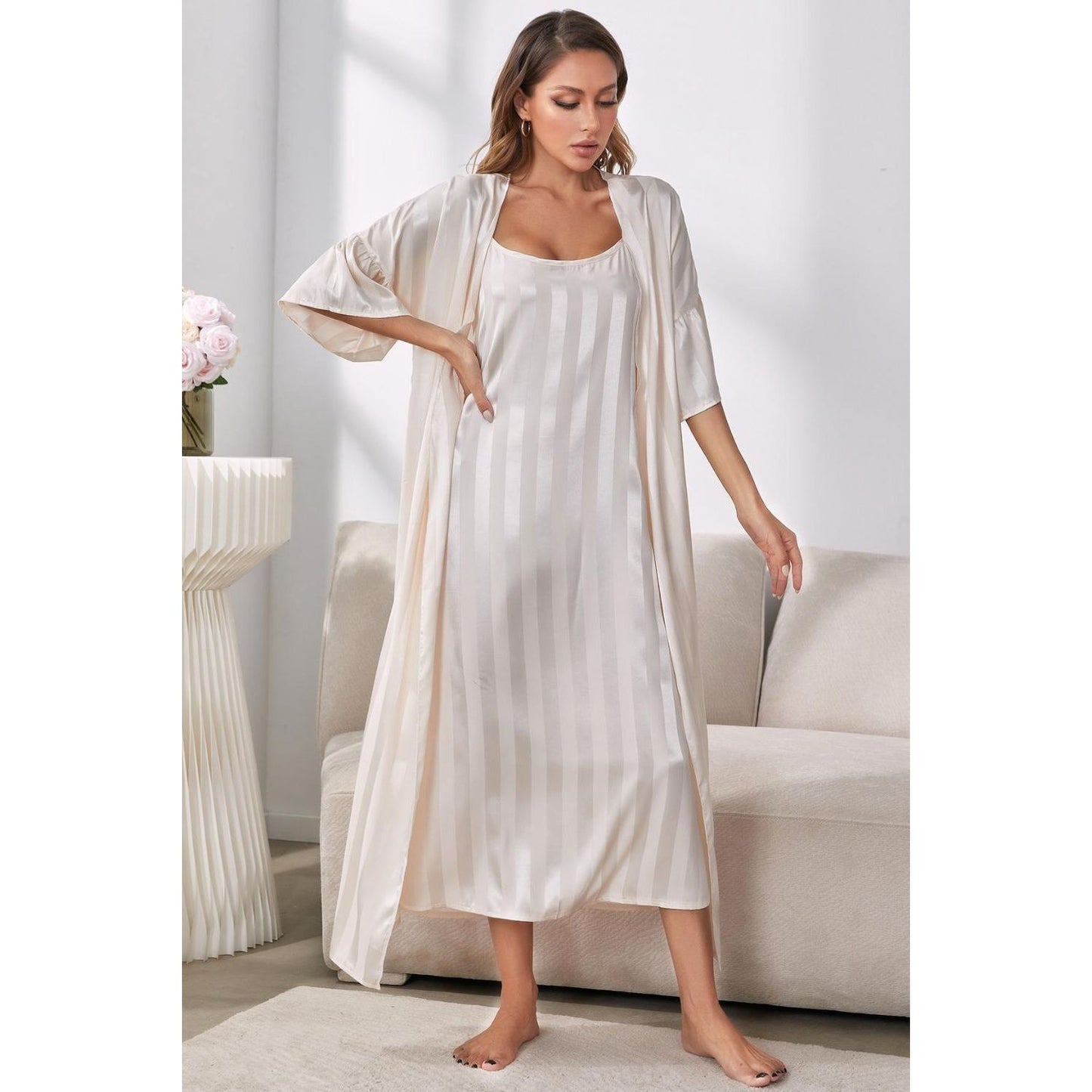 Striped Flounce Sleeve Open Front Robe and Cami Dress Set