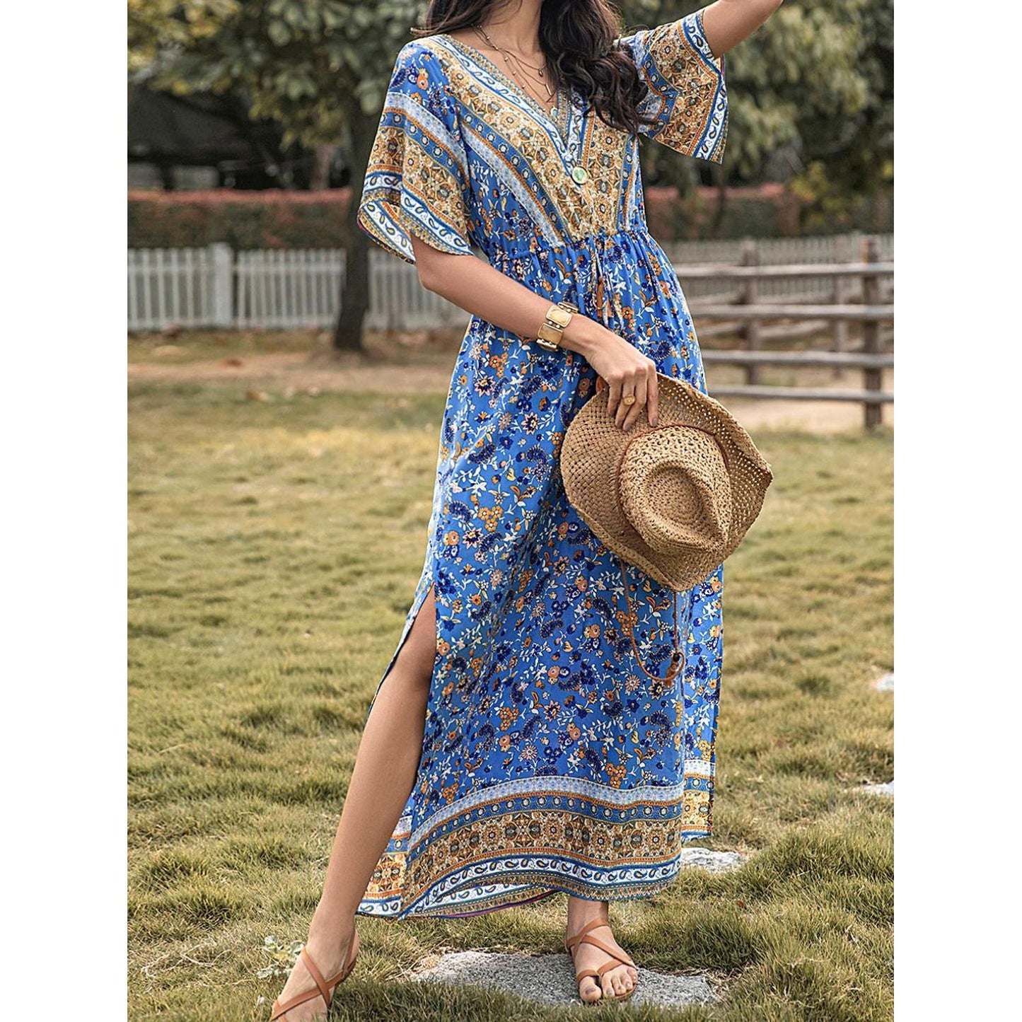 Slit Printed V-Neck Half Sleeve Maxi Dress