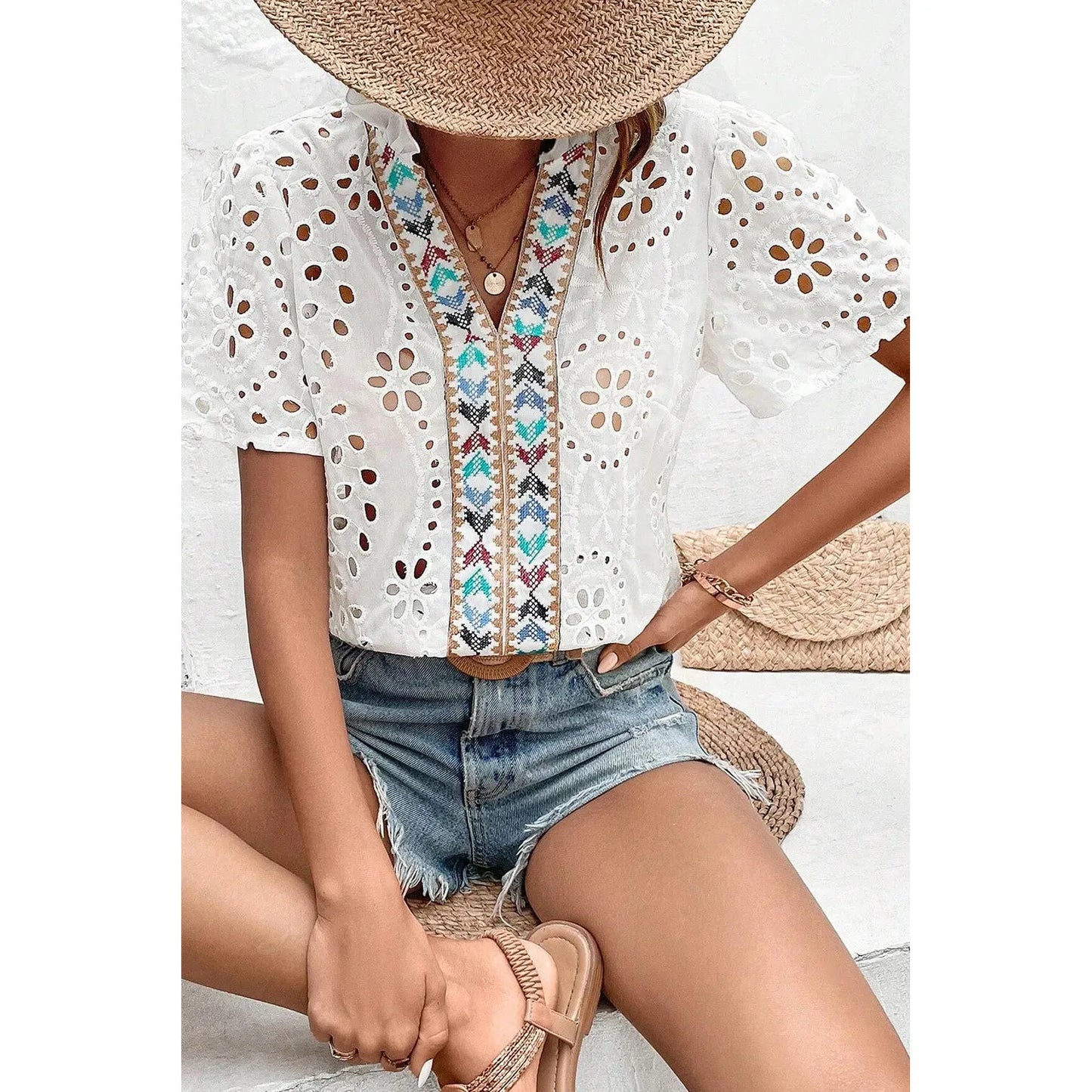 Eyelet Frill Short Sleeve Blouse