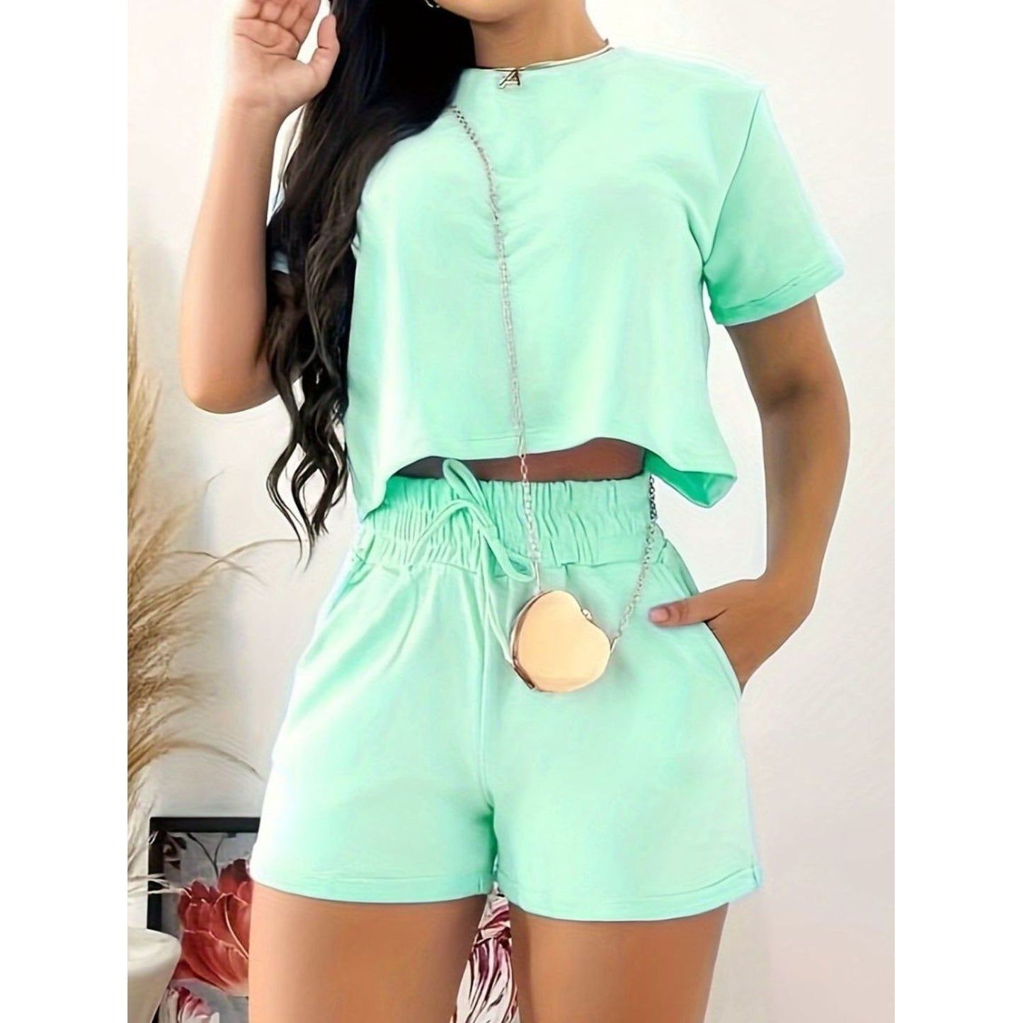 Full Size Round Neck Short Sleeve Top and Shorts Set