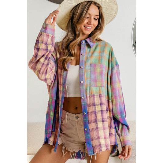 BiBi Plaid Color Block Button Up Shirt