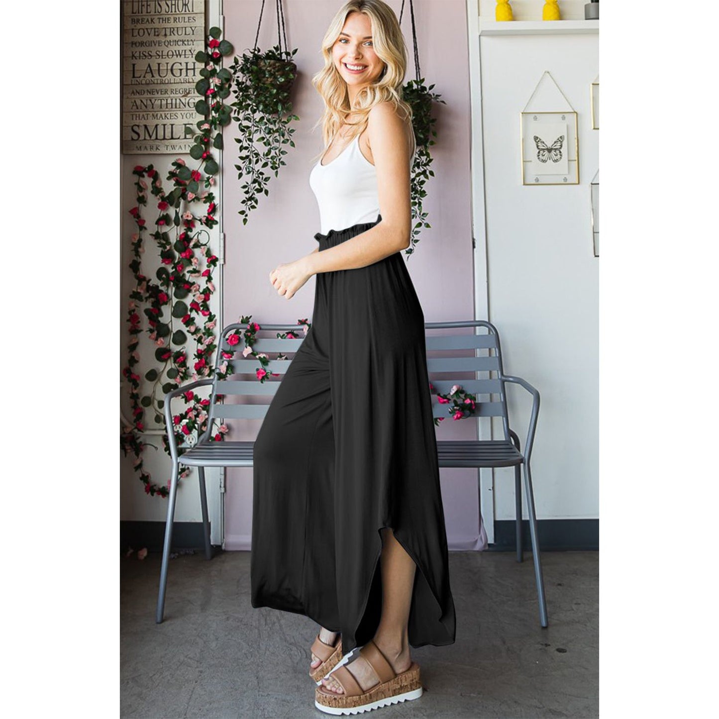 Heimish Full Size Frill Slit High Waist Wide Leg Pants