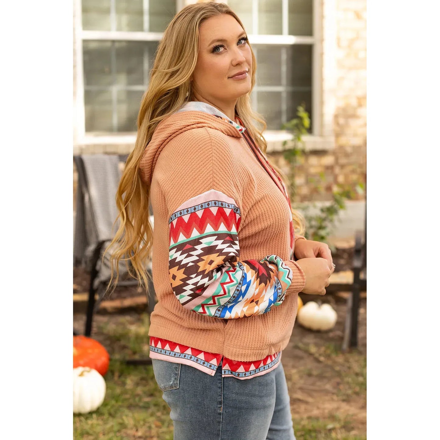 Plus Size Drawstring Geometric Long Sleeve Hoodie