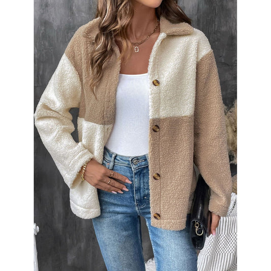 Perfee Color Block Collared Neck Long Sleeve Jacket