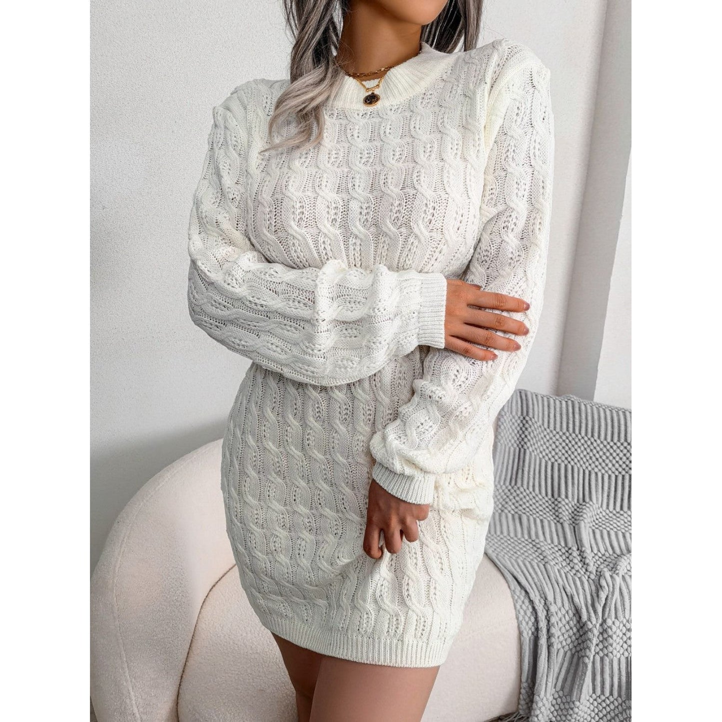 Cable-Knit Round Neck Mini Wrap Sweater Dress