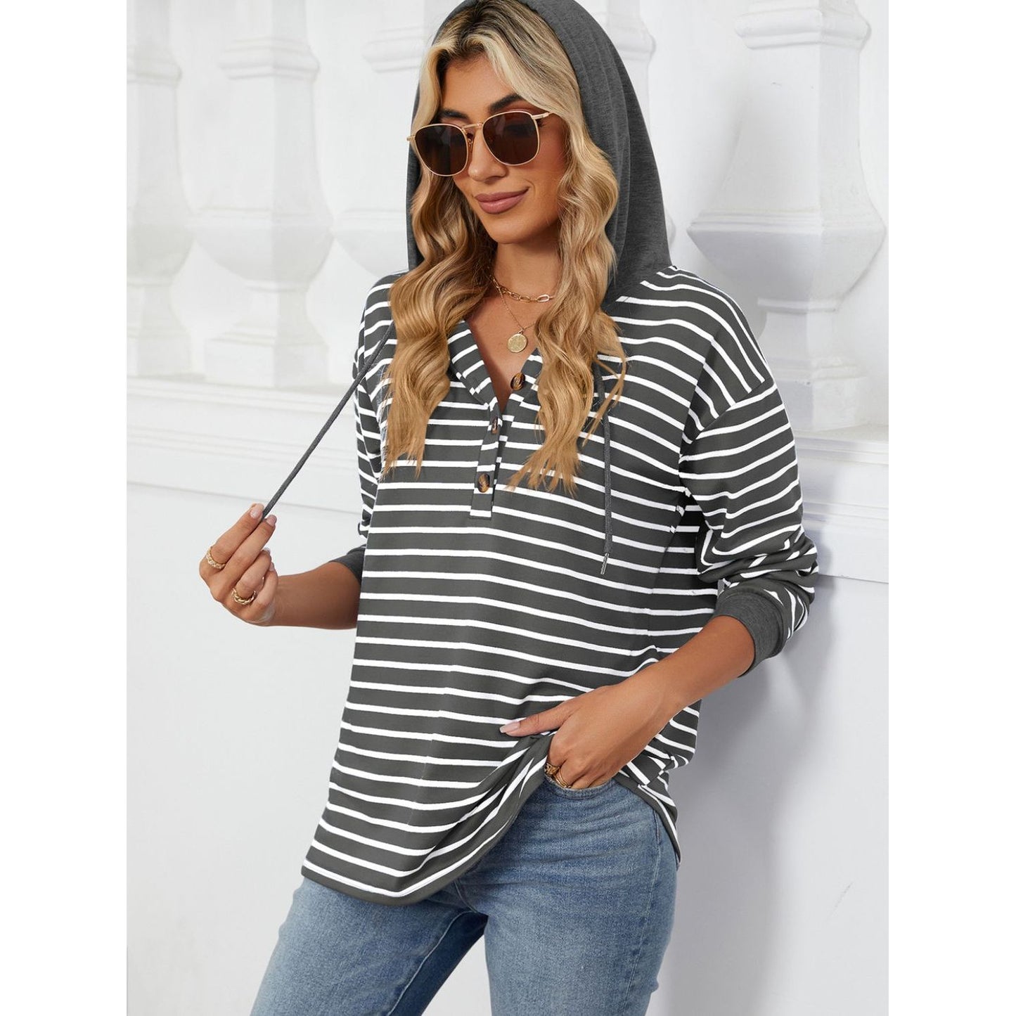 Drawstring Striped Long Sleeve Hoodie