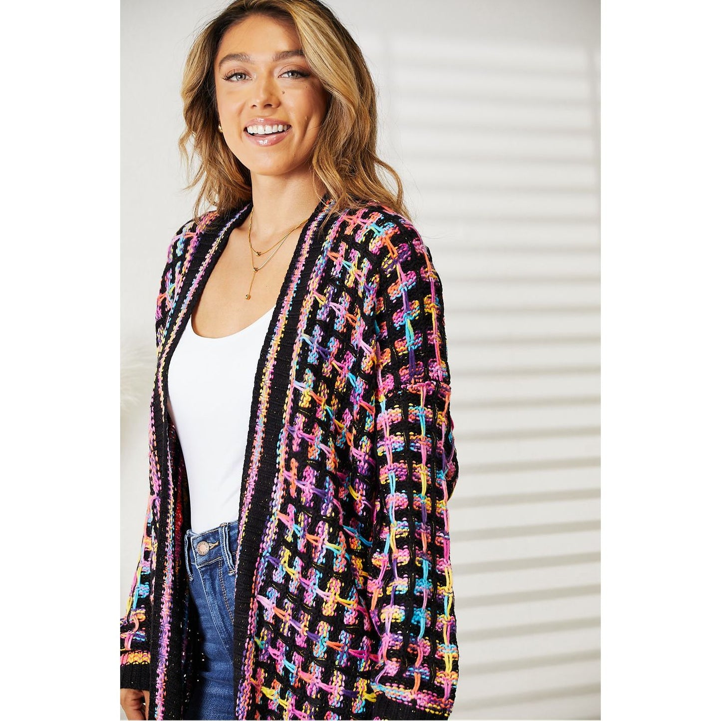 Angel Wings Full Size Multicolored Open Front Fringe Hem Cardigan