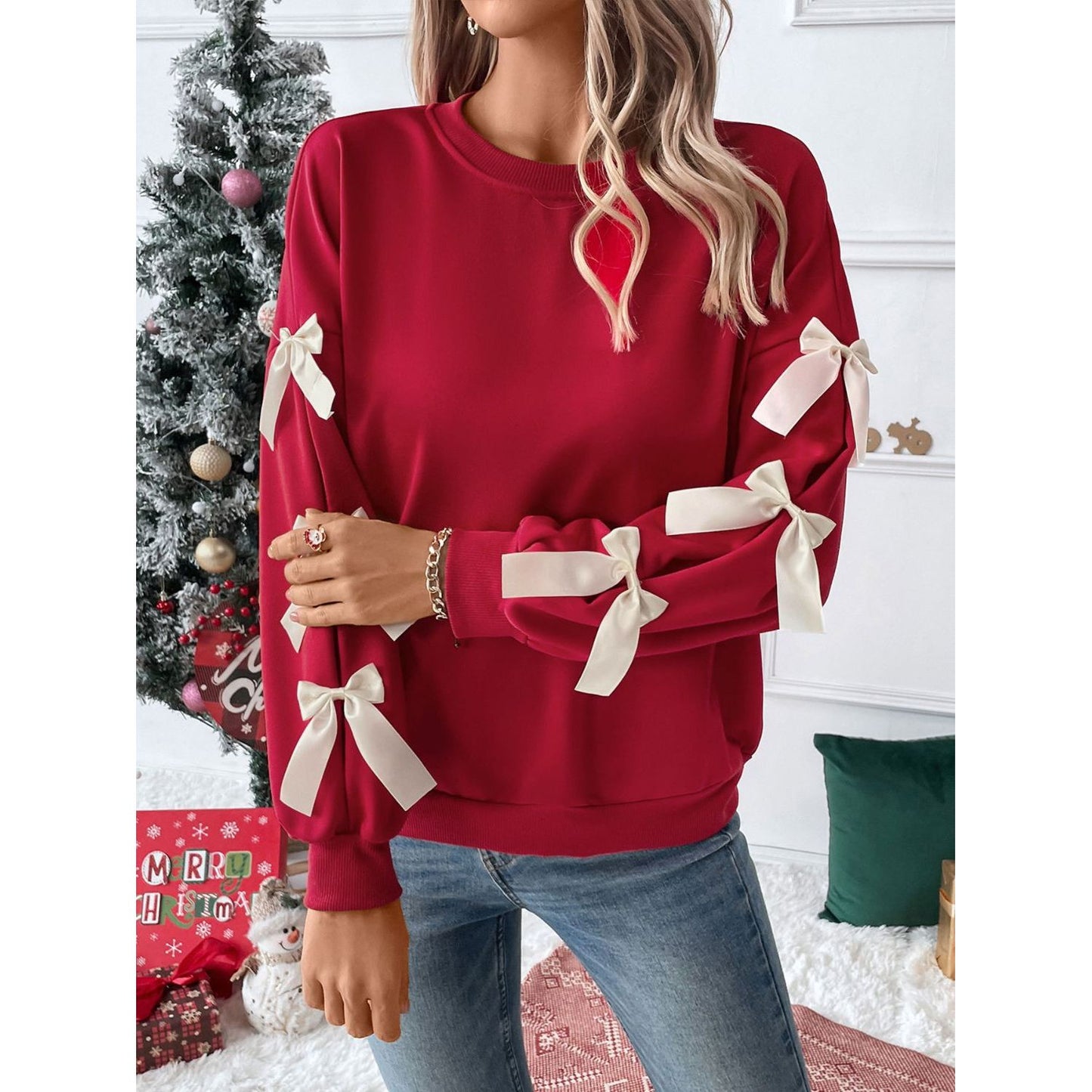 Perfee Bow Round Neck Long Sleeve Sweatshirt