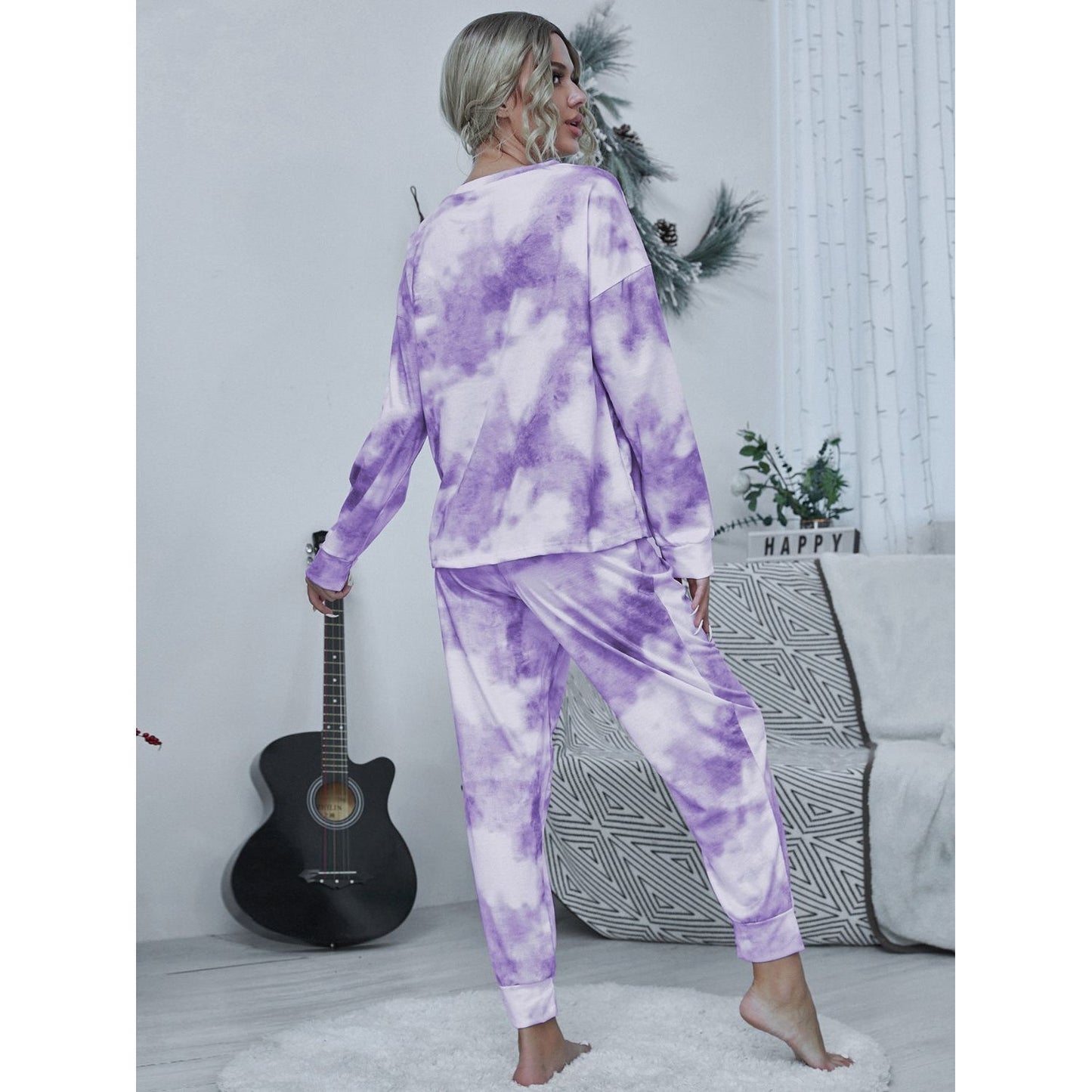 Shiny Tie-dye Round Neck Top and Drawstring Pants Lounge Set