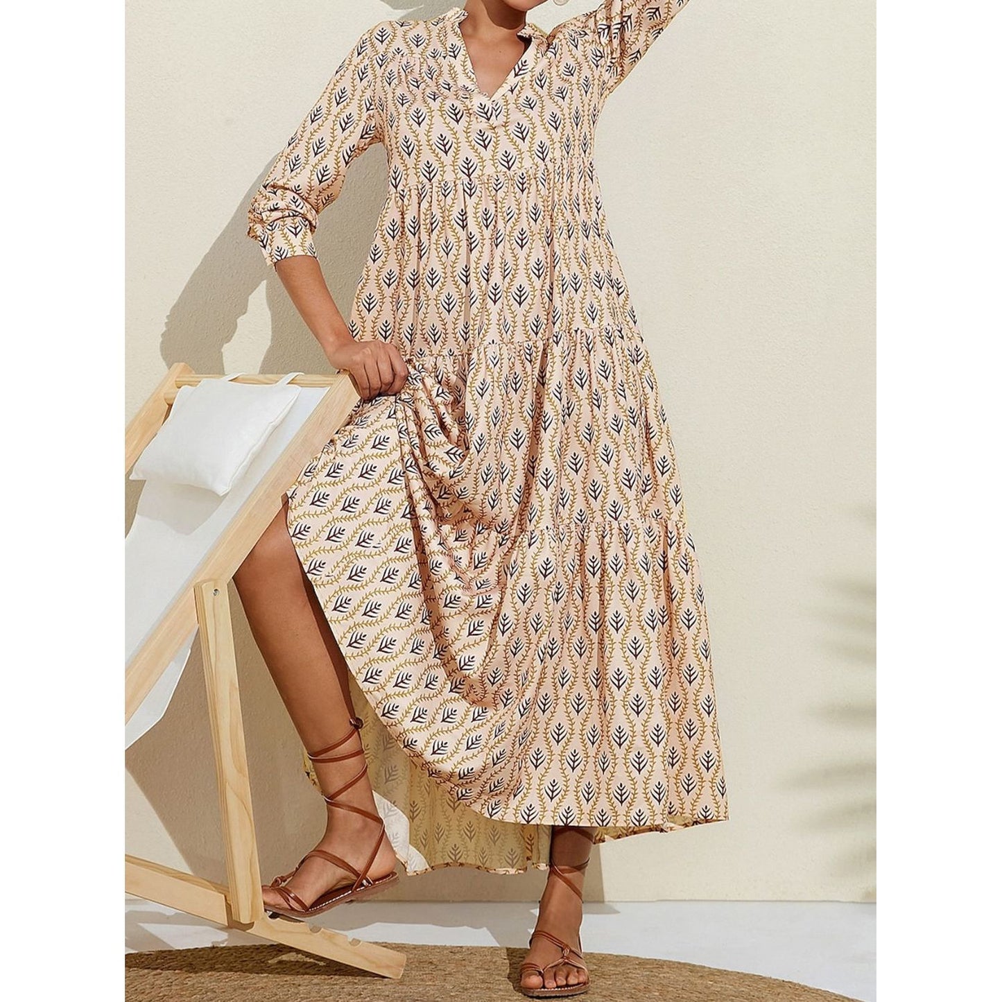 Printed Notched Long Sleeve Midi Dress