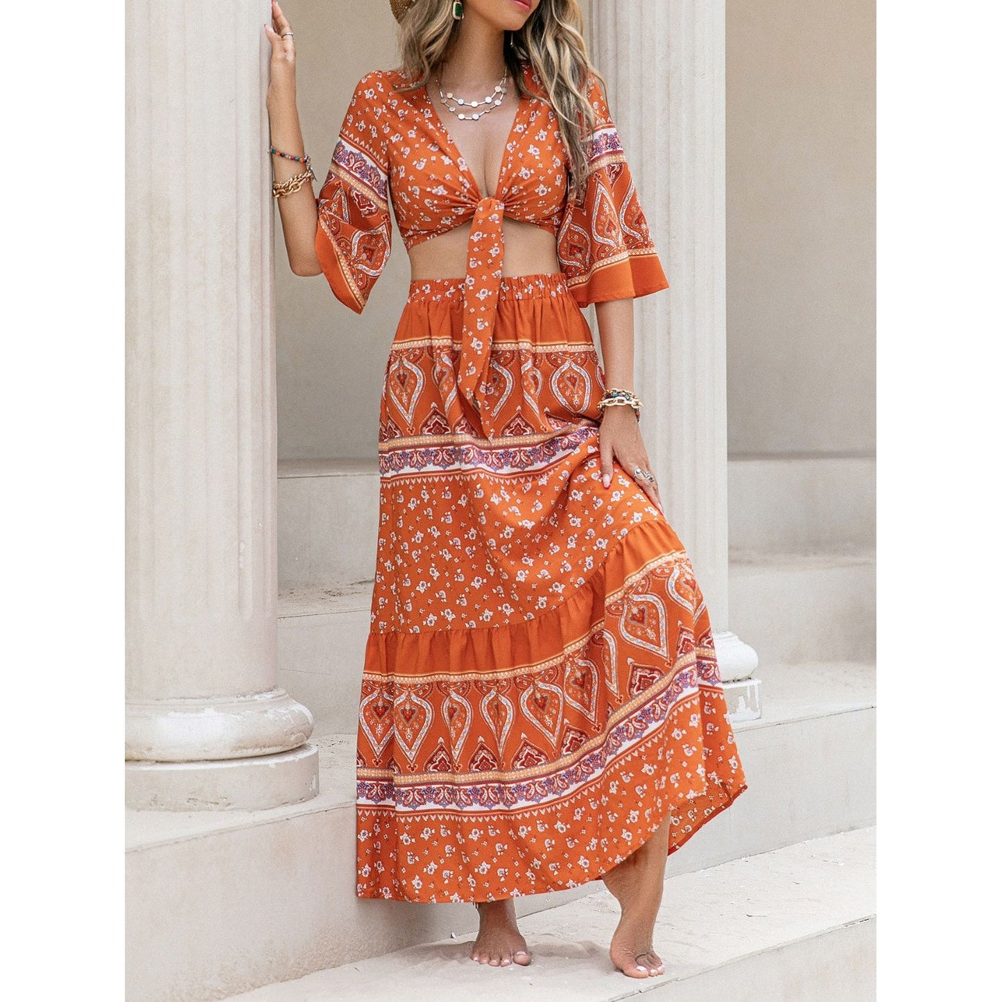 Printed Plunge Half Sleeve Top and Skirt Set