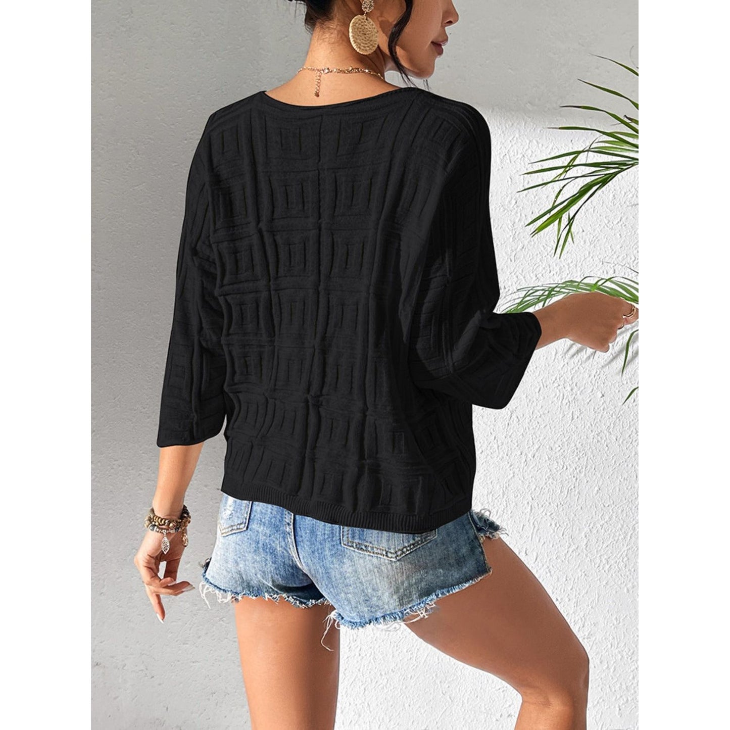 V-Neck Three-Quarter Sleeve Knit Top