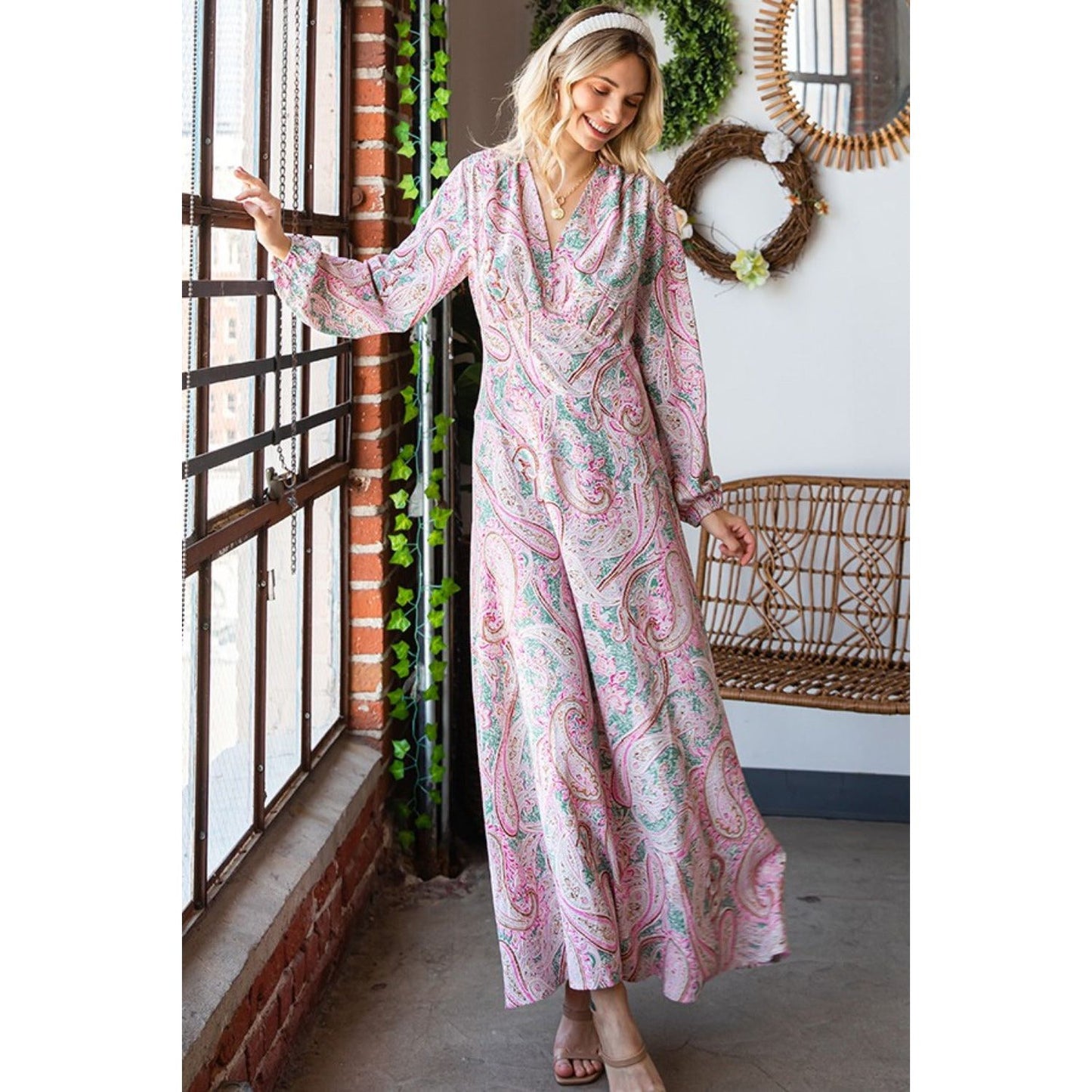 First Love Paisley Print Tie-Back Long Sleeve Maxi Dress