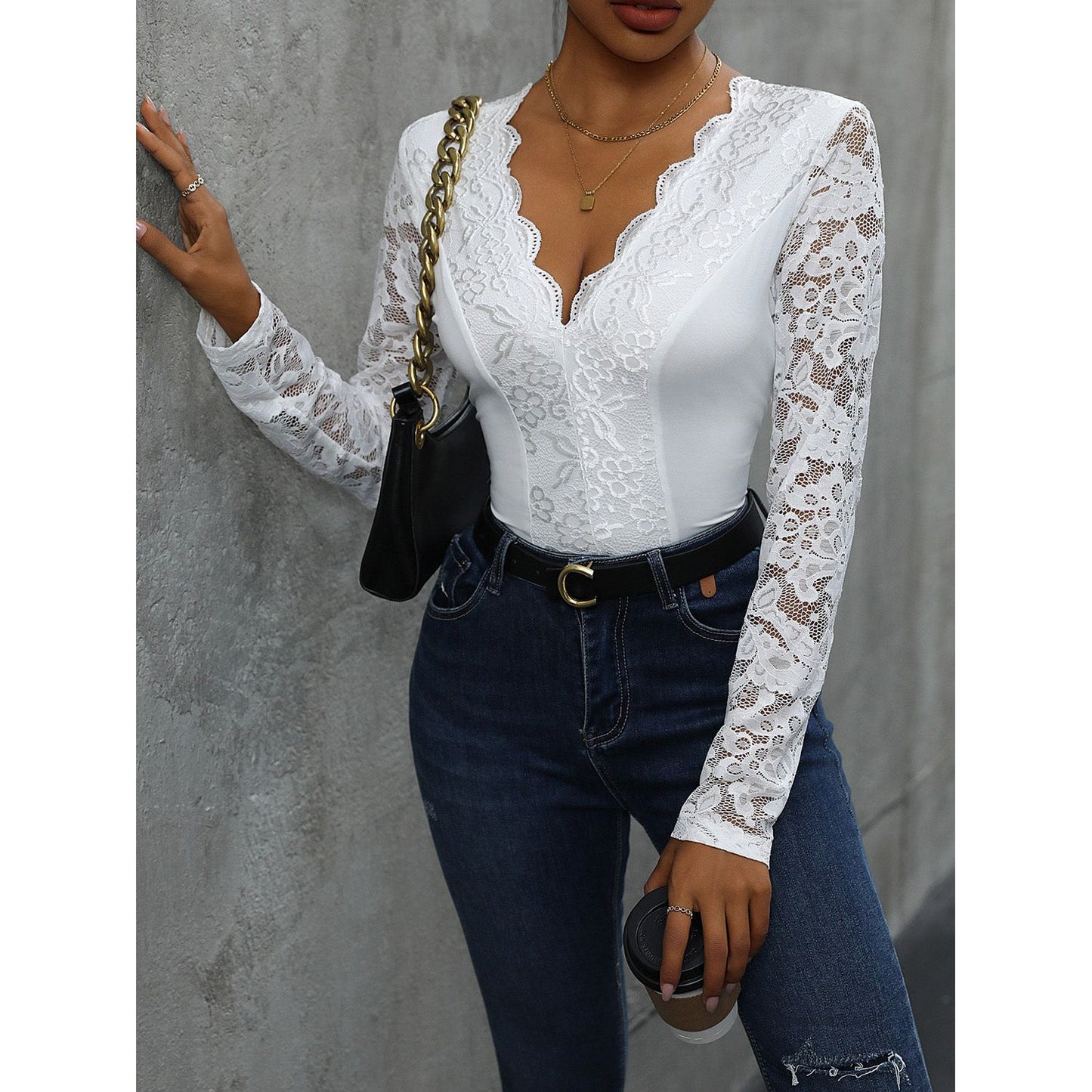 Perfee V-Neck Long Sleeve Lace Bodysuit