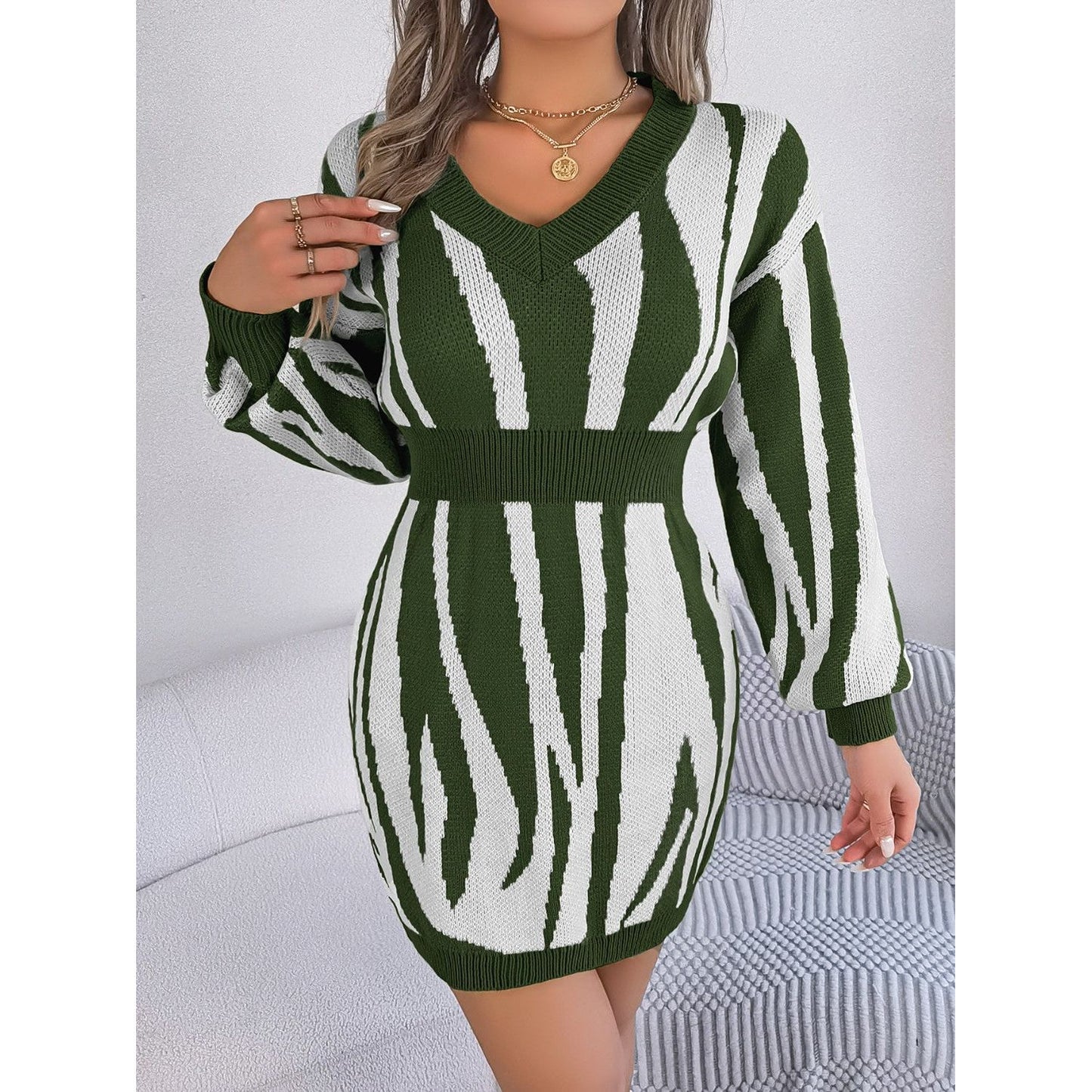 Animal Print V-Neck Long Sleeve Sweater Dress