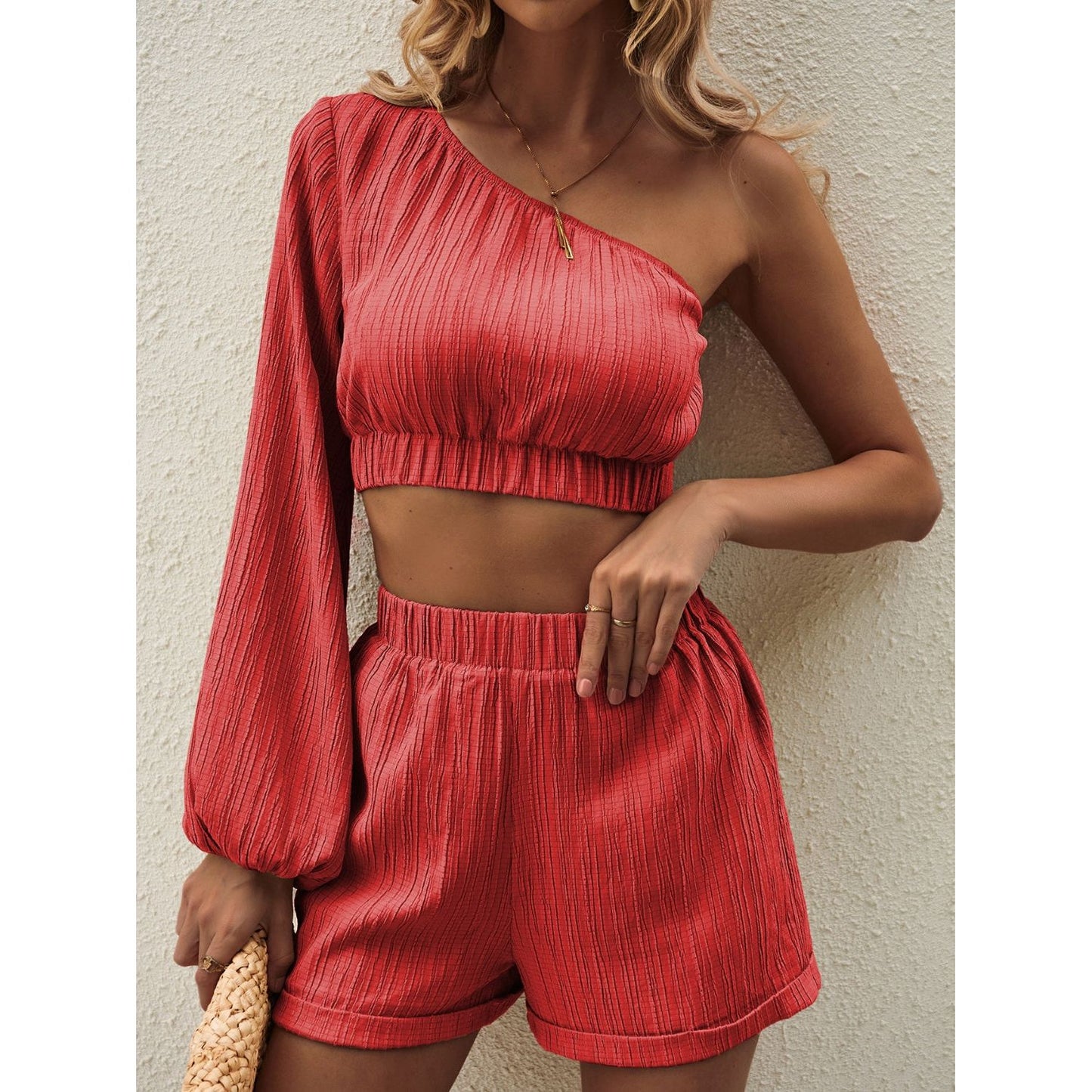 Honey One Shoulder Long Sleeve Top and Shorts Set