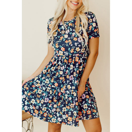 Floral Round Neck Short Sleeve Mini Dress