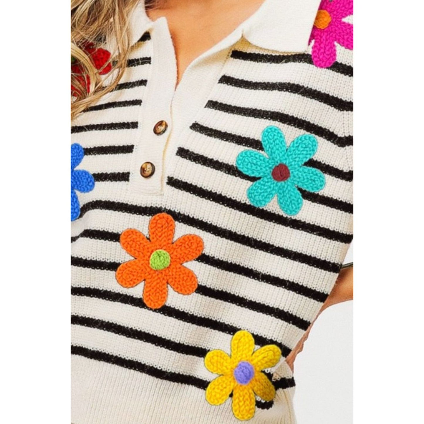 BiBi Flower Patch Striped Half Button Sweater Vest