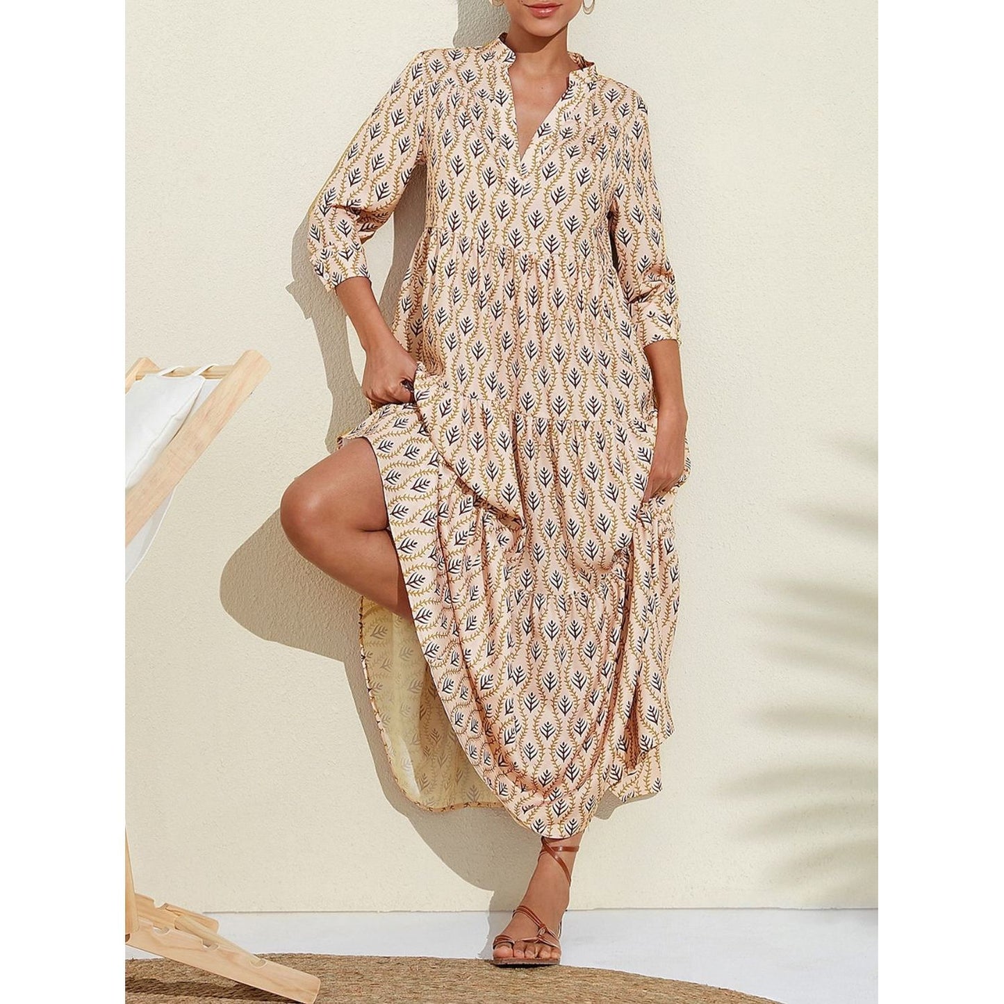 Printed Notched Long Sleeve Midi Dress