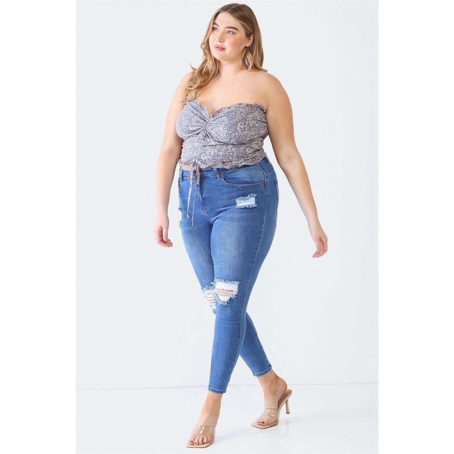 Zenobia Plus Size Drawstring Smocked Floral Tube Top