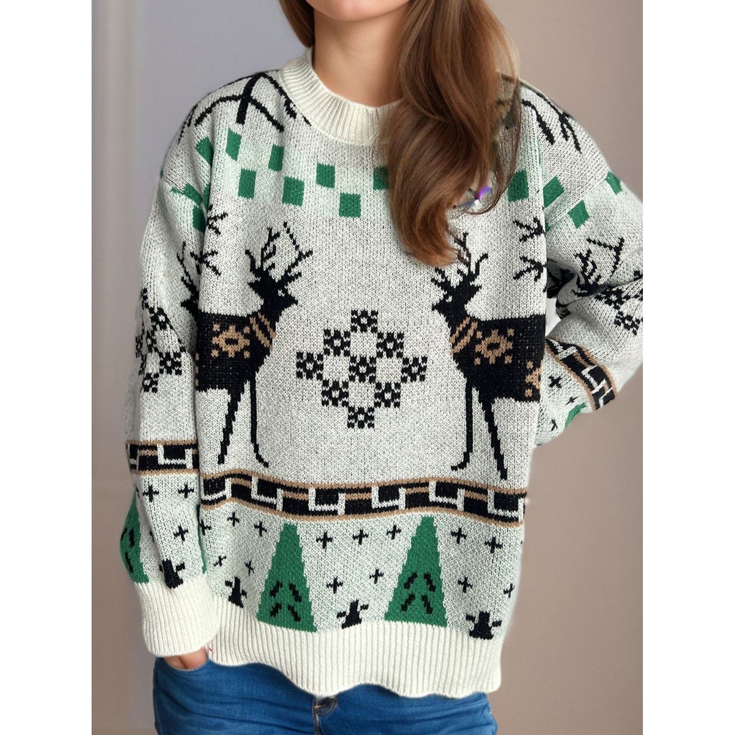 Christmas Element Round Neck Long Sleeve Sweater