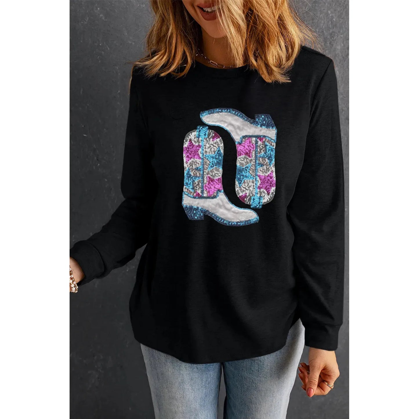 Boots Round Neck Long Sleeve Sweatshirt