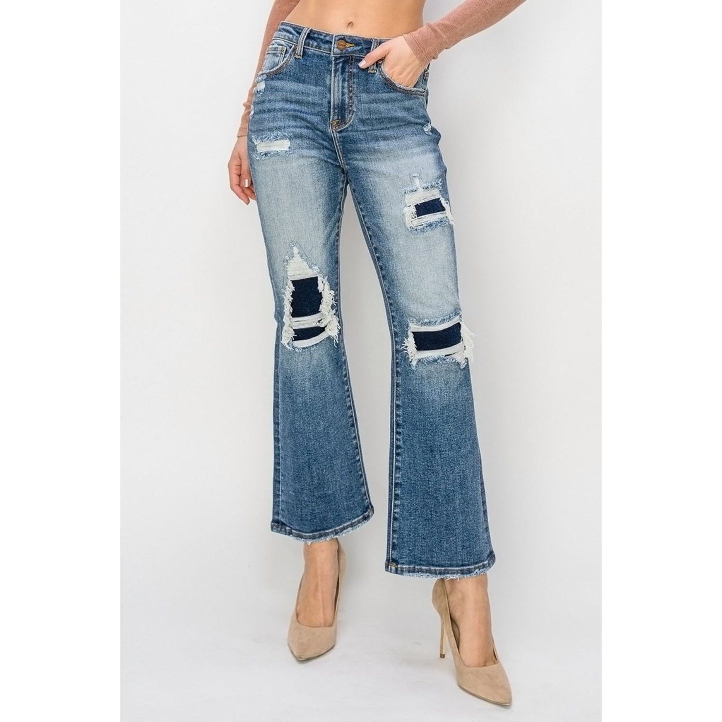 Risen Full Size High Rise Distressed Ankle Flare Jeans