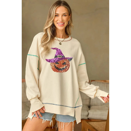 Contrast Stitching Sequin Pumpkin Round Neck Long Sleeve Sweatshirt