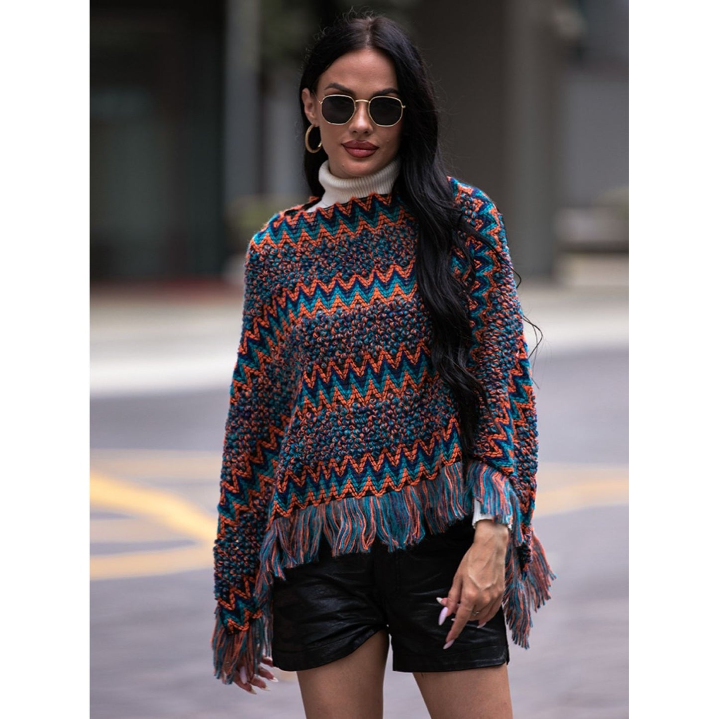 Shiny Fringe Hem Boat Neck Poncho