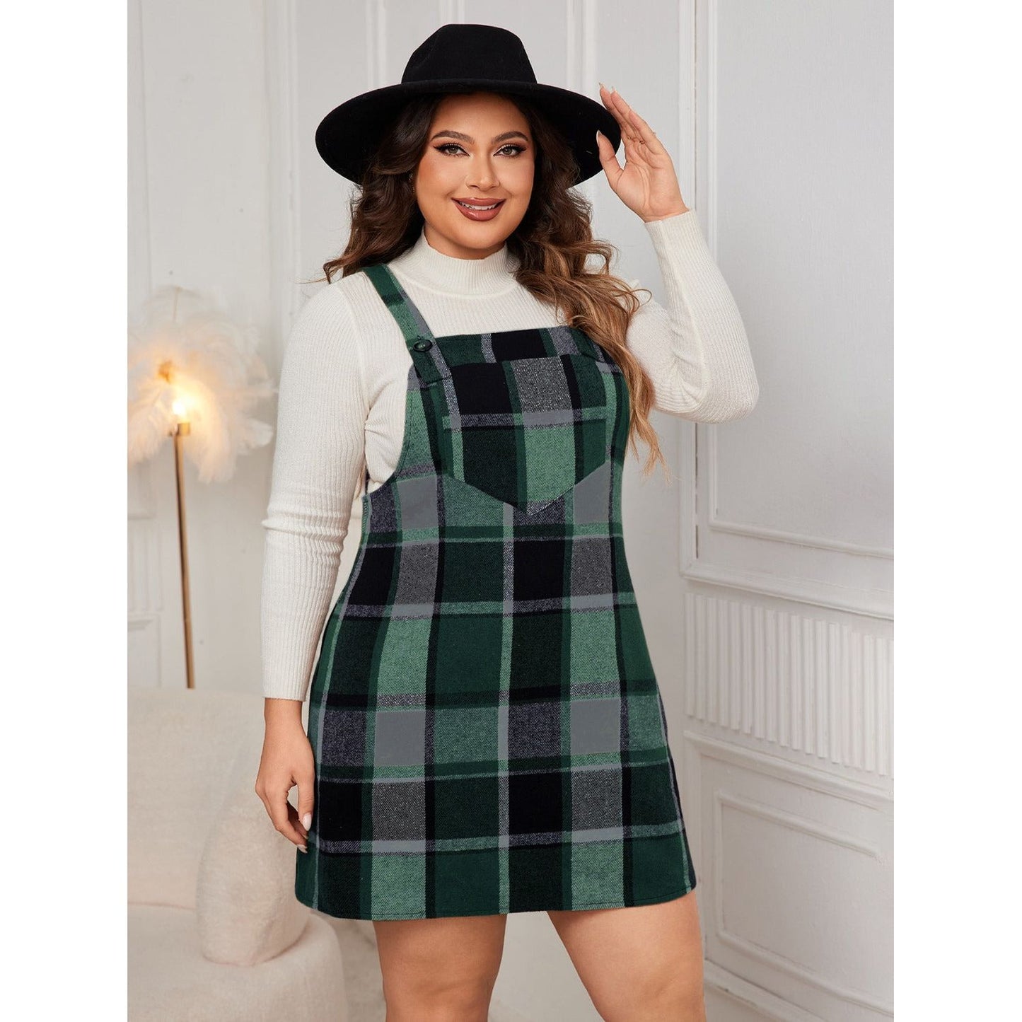 Honey Plus Size Plaid Wide Strap Overall Dress