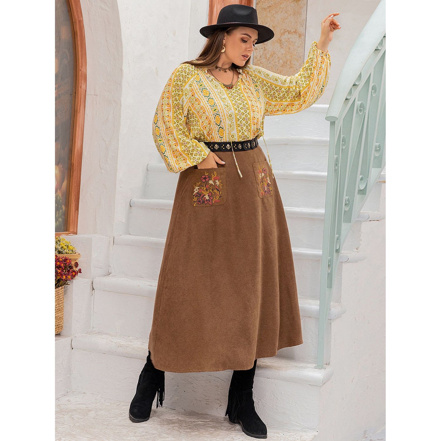 Plus Size Embroidered Pocketed High Waist Skirt