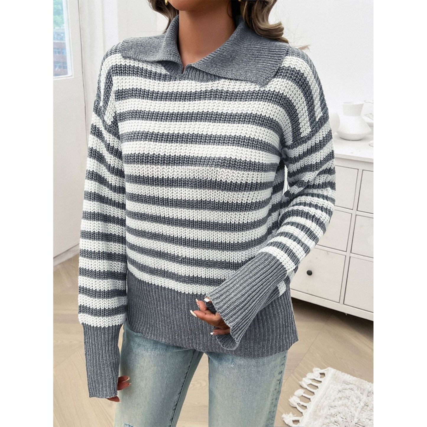 Devine Striped Collared Neck Long Sleeve Sweater