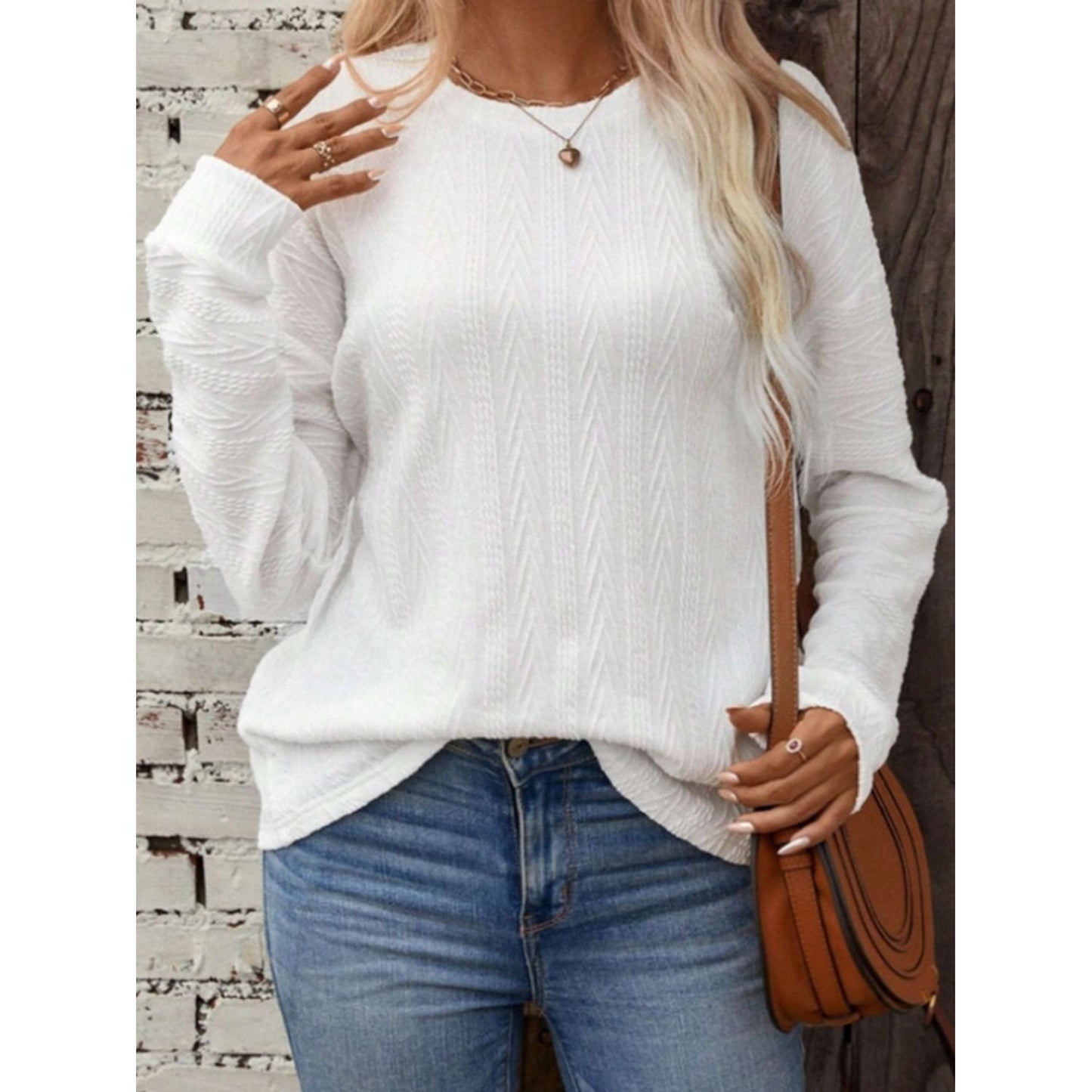 Textured Round Neck Long Sleeve T-Shirt