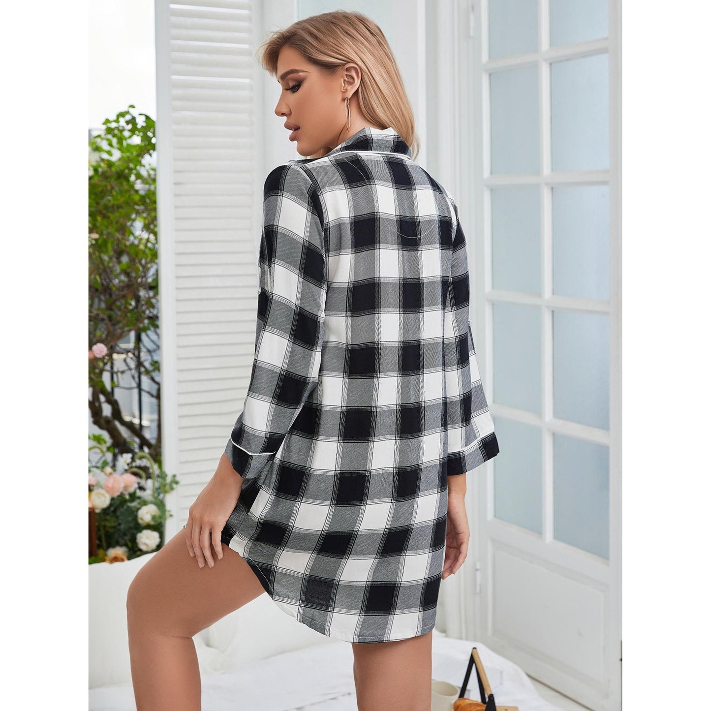 Plaid Lapel Collar Shirt Dress