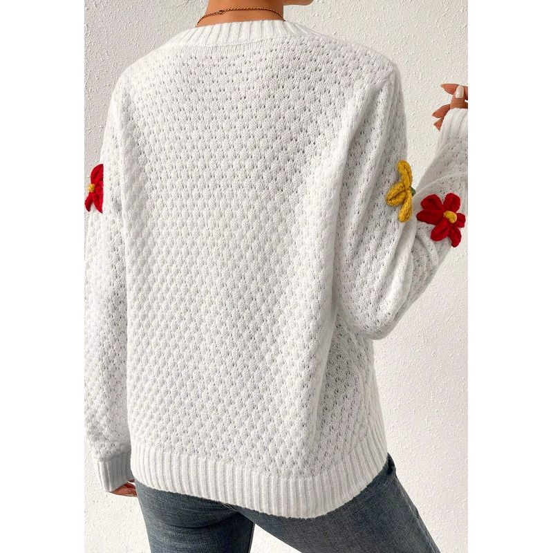 Crochet Flower Round Neck Long Sleeve Sweater