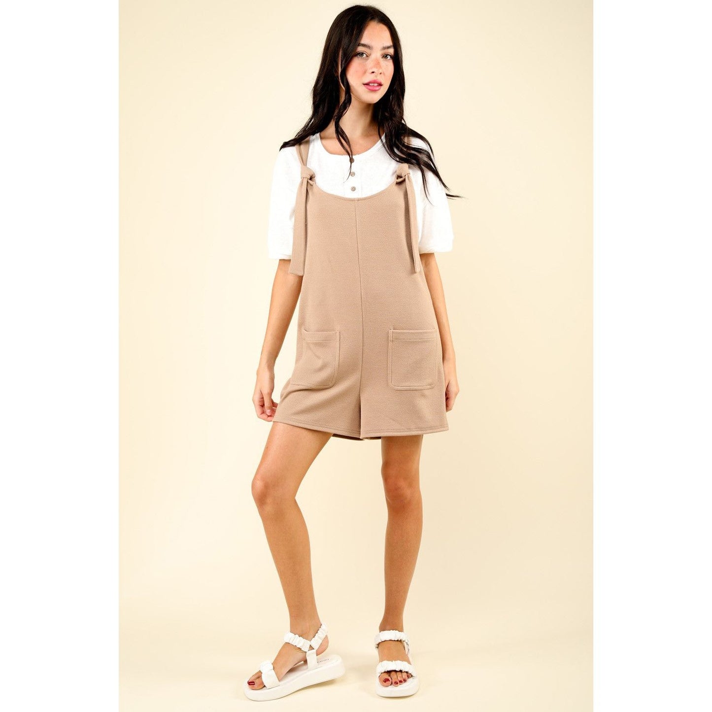 VERY J Tie Shoulder Front Pocket Romper