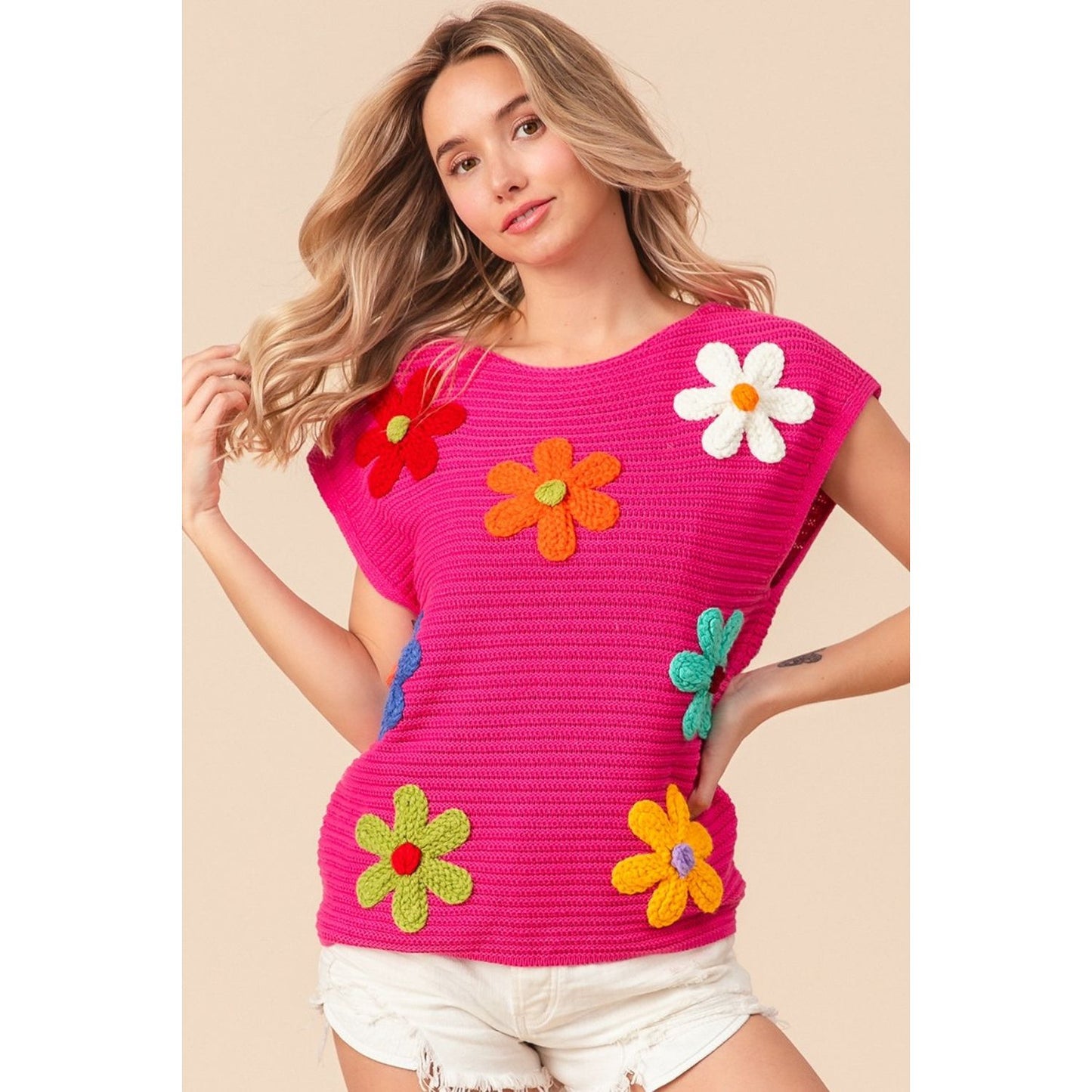 BiBi Flower Round Neck Cap Sleeve Knit Top