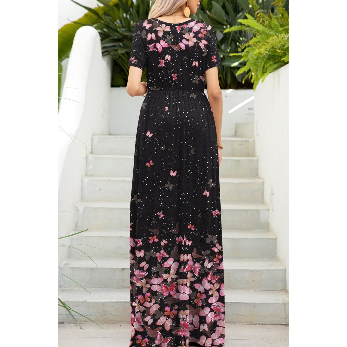 Printed Round Neck Short Sleeve Maxi Dress