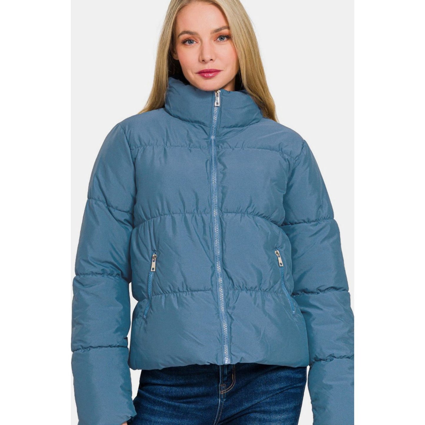 Zenana Zip Up Turtleneck Puffer Jacket with Pockets