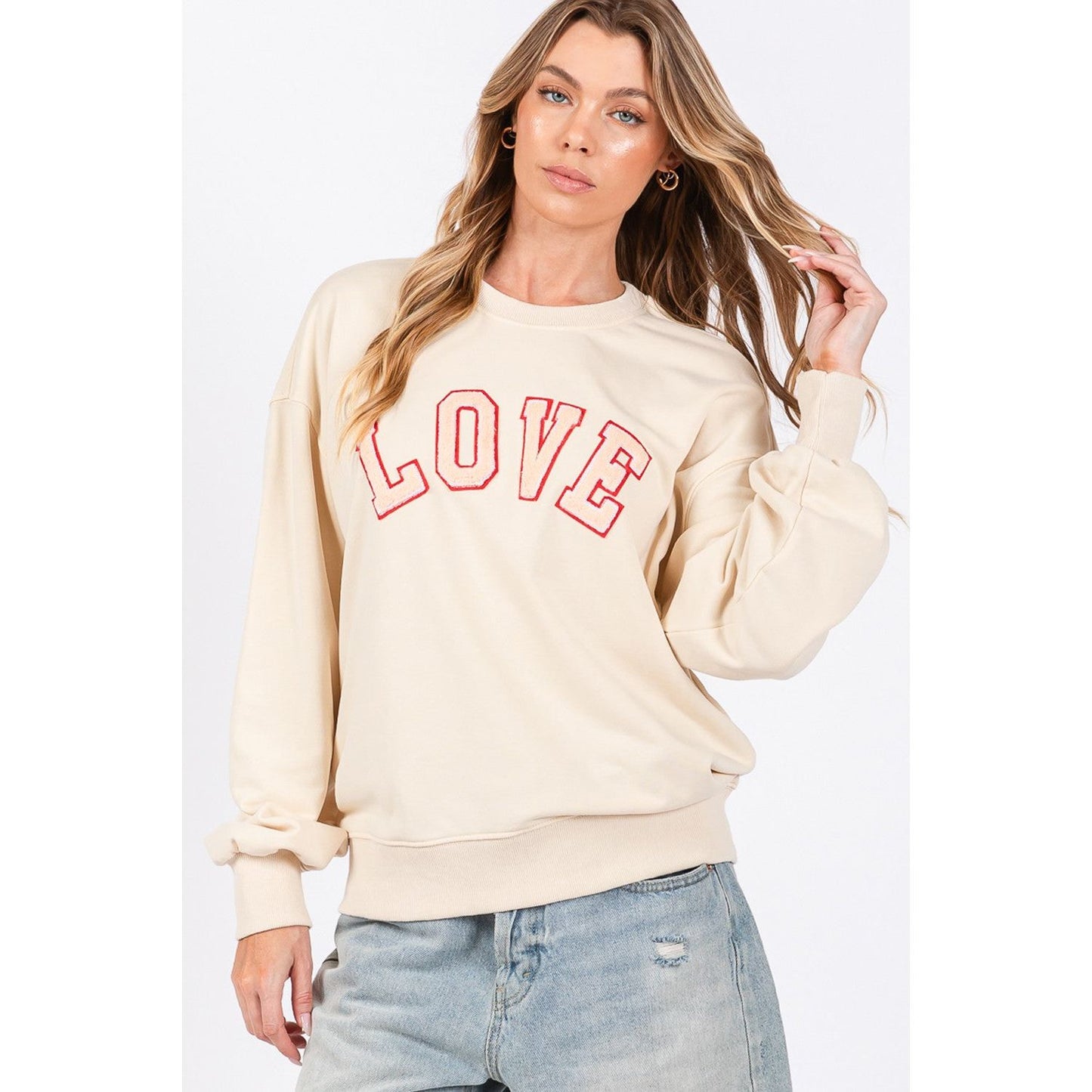 SAGE + FIG LOVE Path Applique Drop Shoulder Sweatshirt