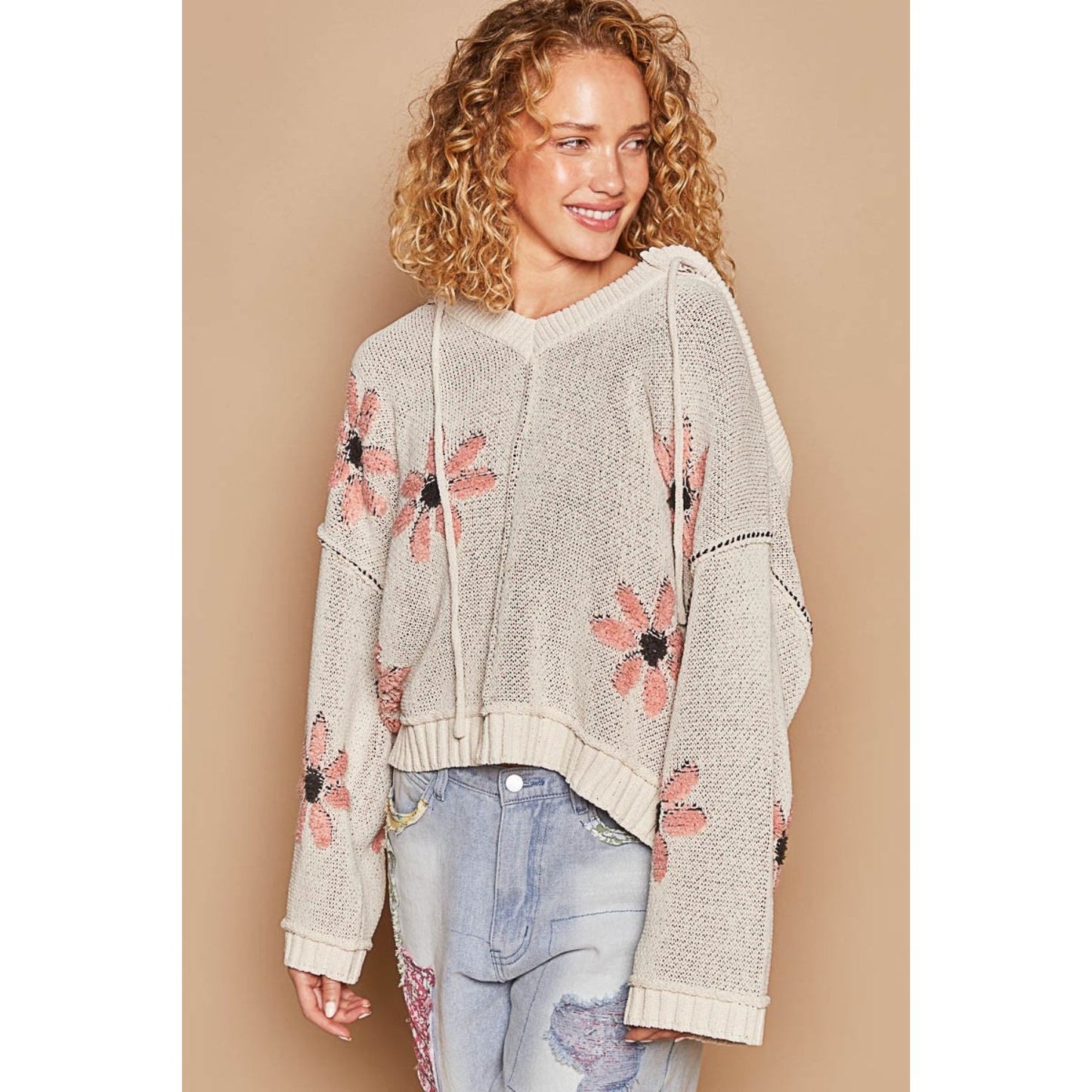 POL Floral Pattern Hooded High-Low Sweater