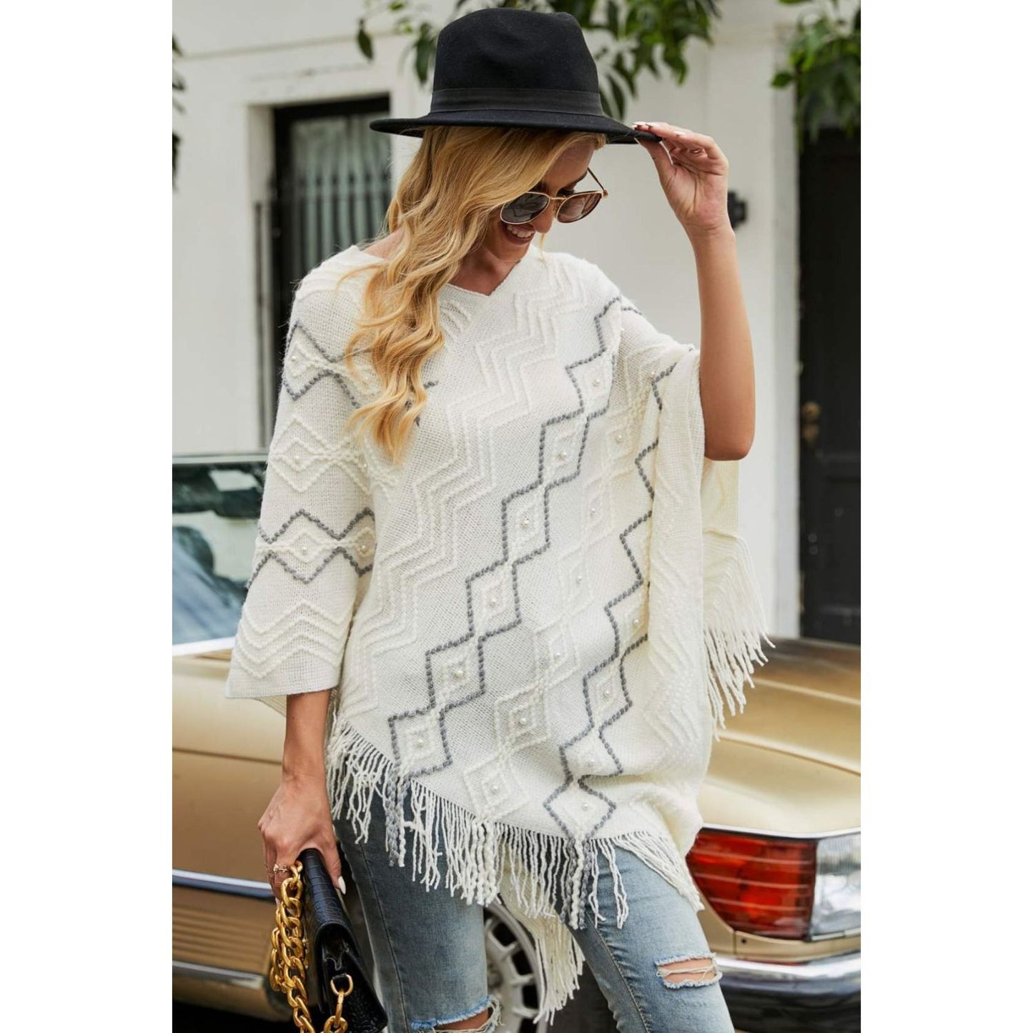 Pearl Trim V-Neck Fringe Hem Poncho