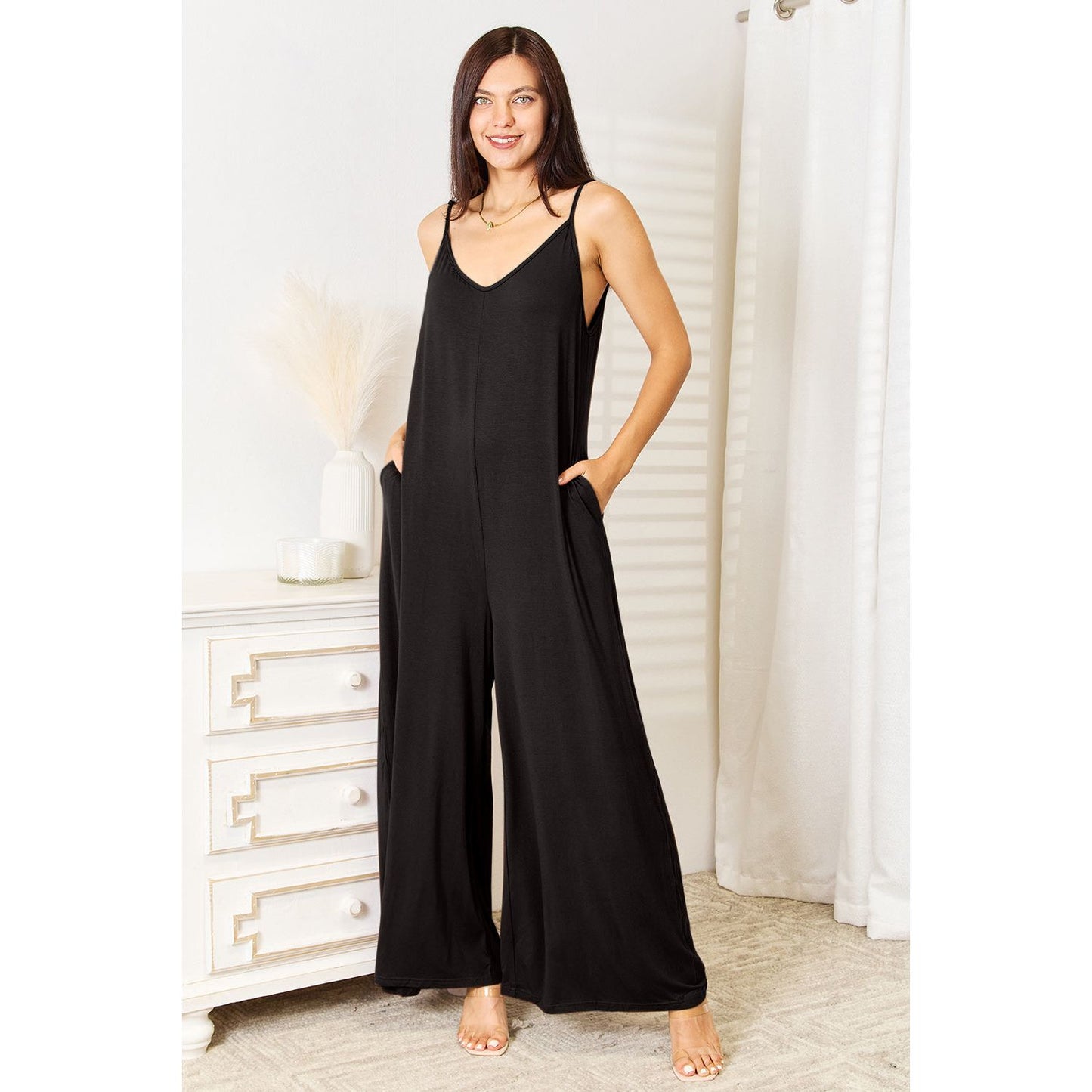 Double Take Full Size Soft Rayon Spaghetti Strap Tied Wide Leg Jumpsuit