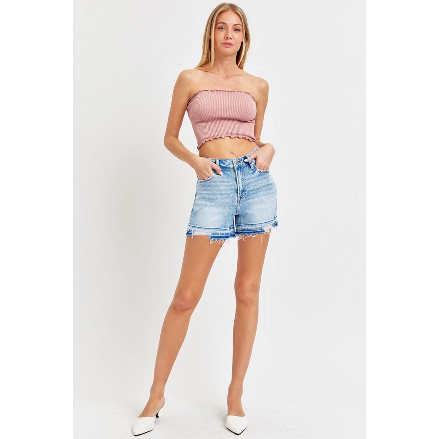 RISEN High Rise Distressed Hem Denim Shorts