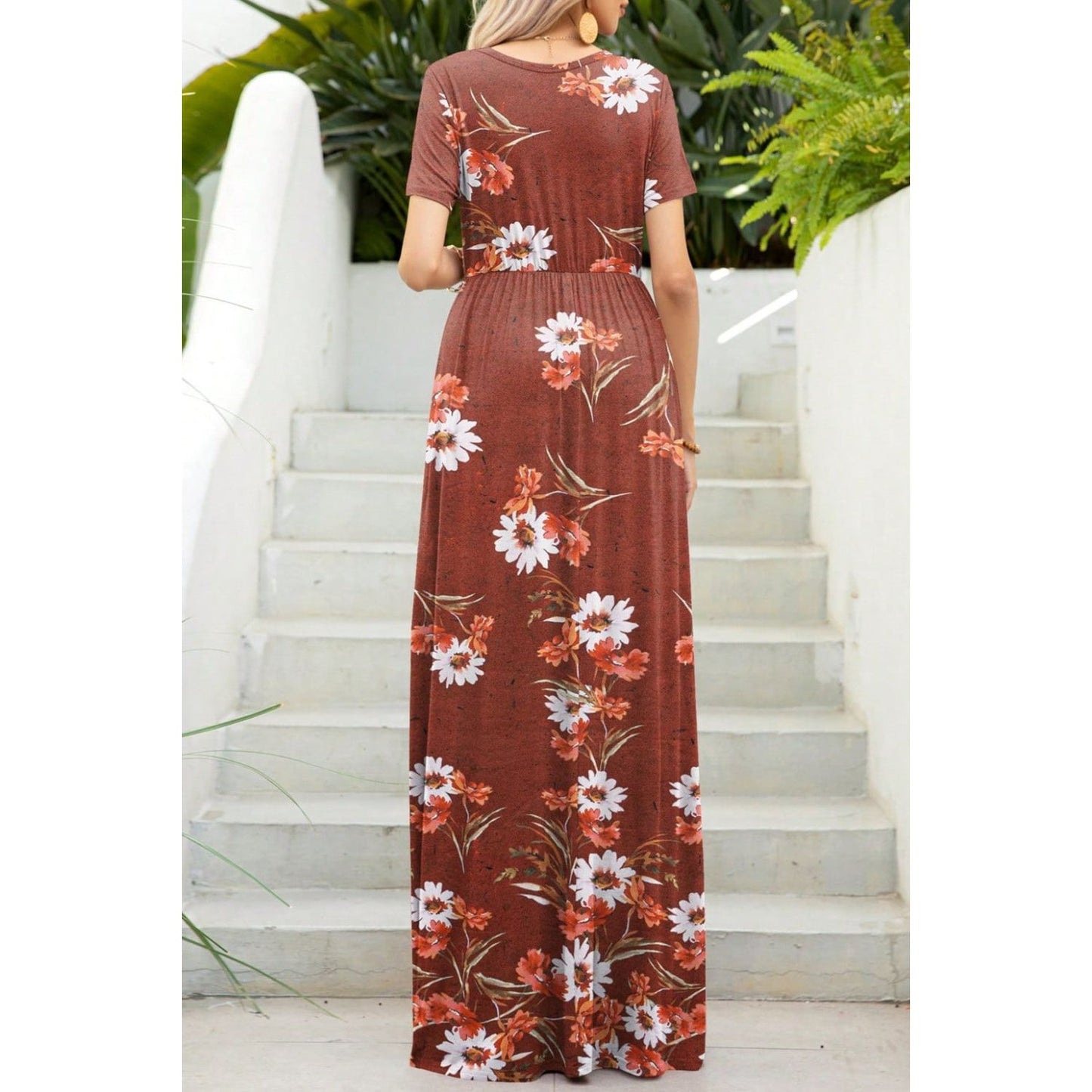 Printed Round Neck Short Sleeve Maxi Dress