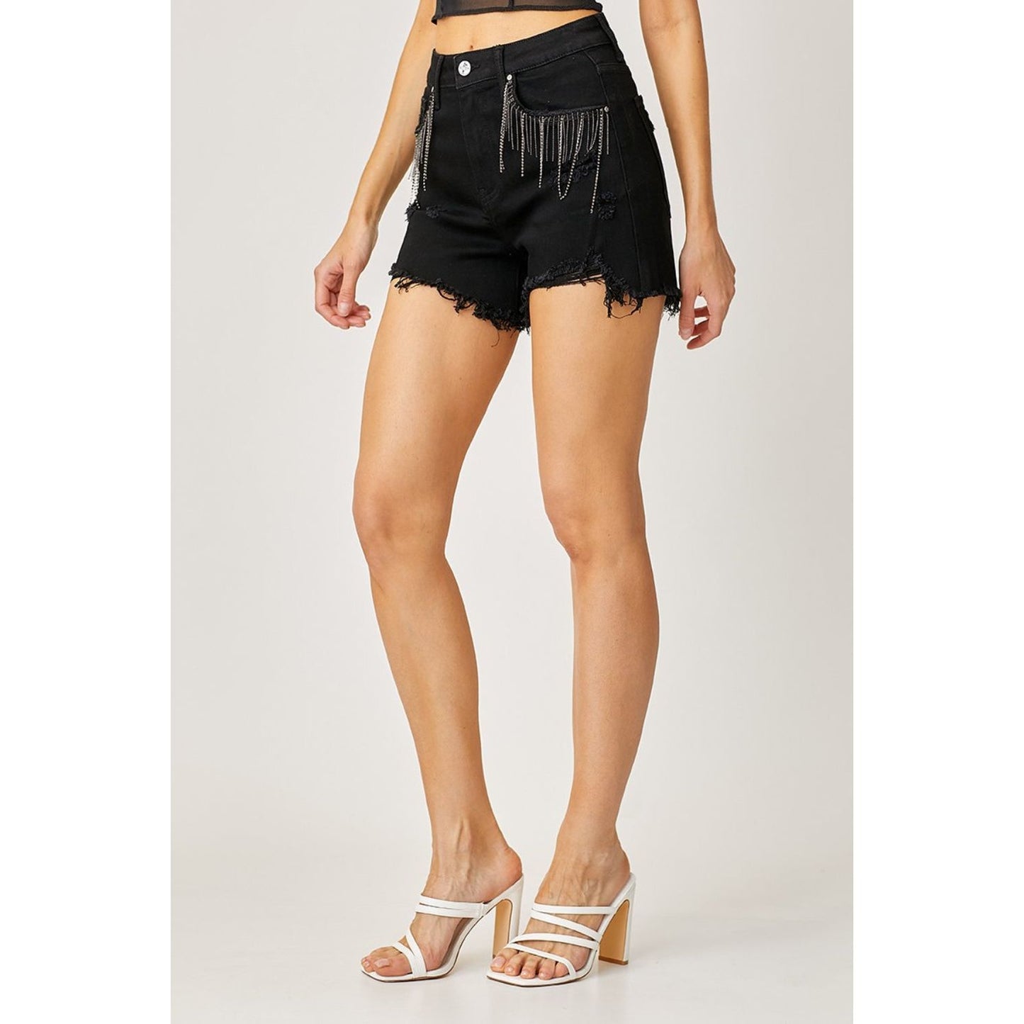 RISEN Frayed Hem Denim Shorts with Fringe Detail Pockets